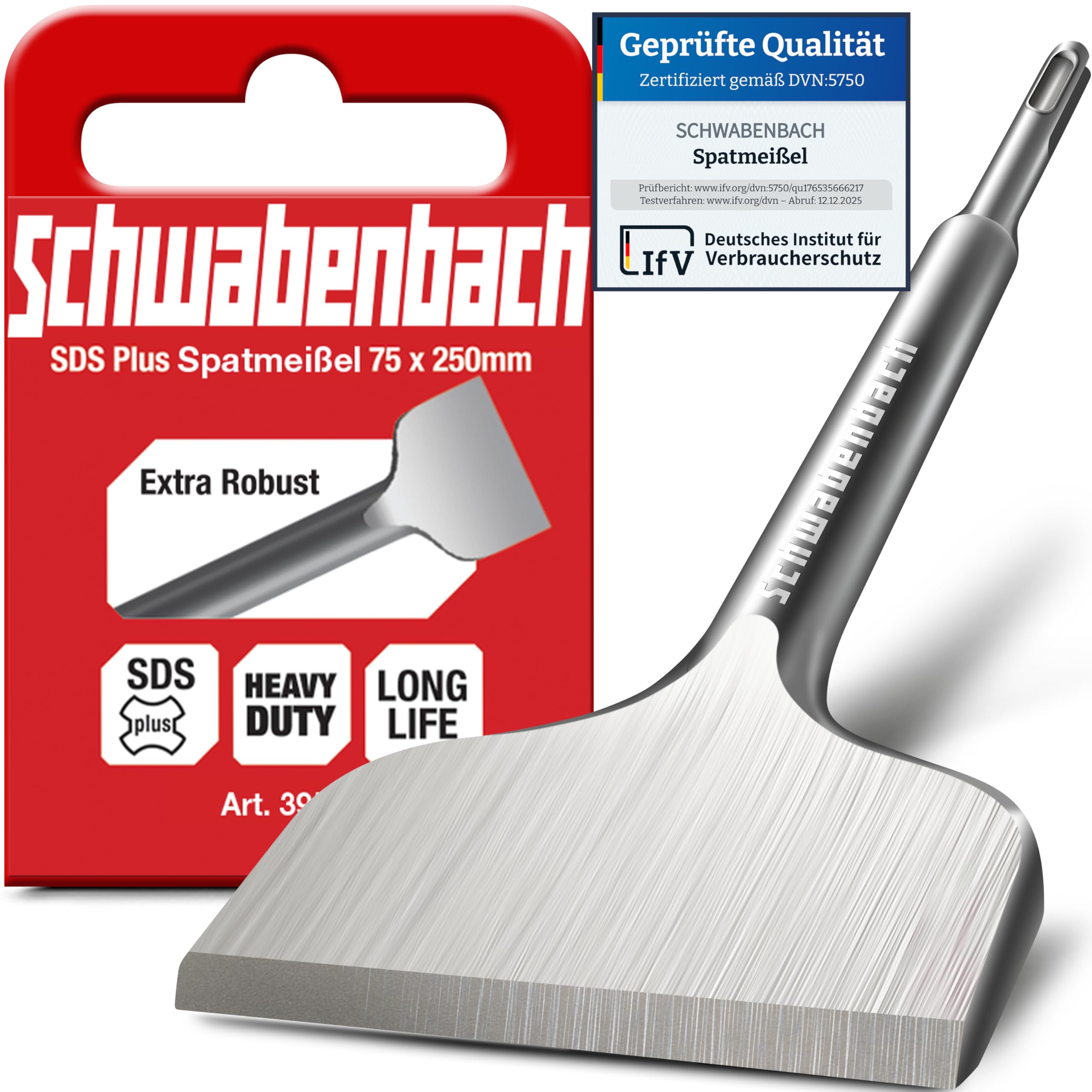 SCHWABENBACH ® Cincel para azulejos SDS Plus 75 x 250mm - Ideal para quitar el yeso - Herramienta para quitar azulejos - Cincel plano - Punta extra endurecida - Cincelado rápido de paredes