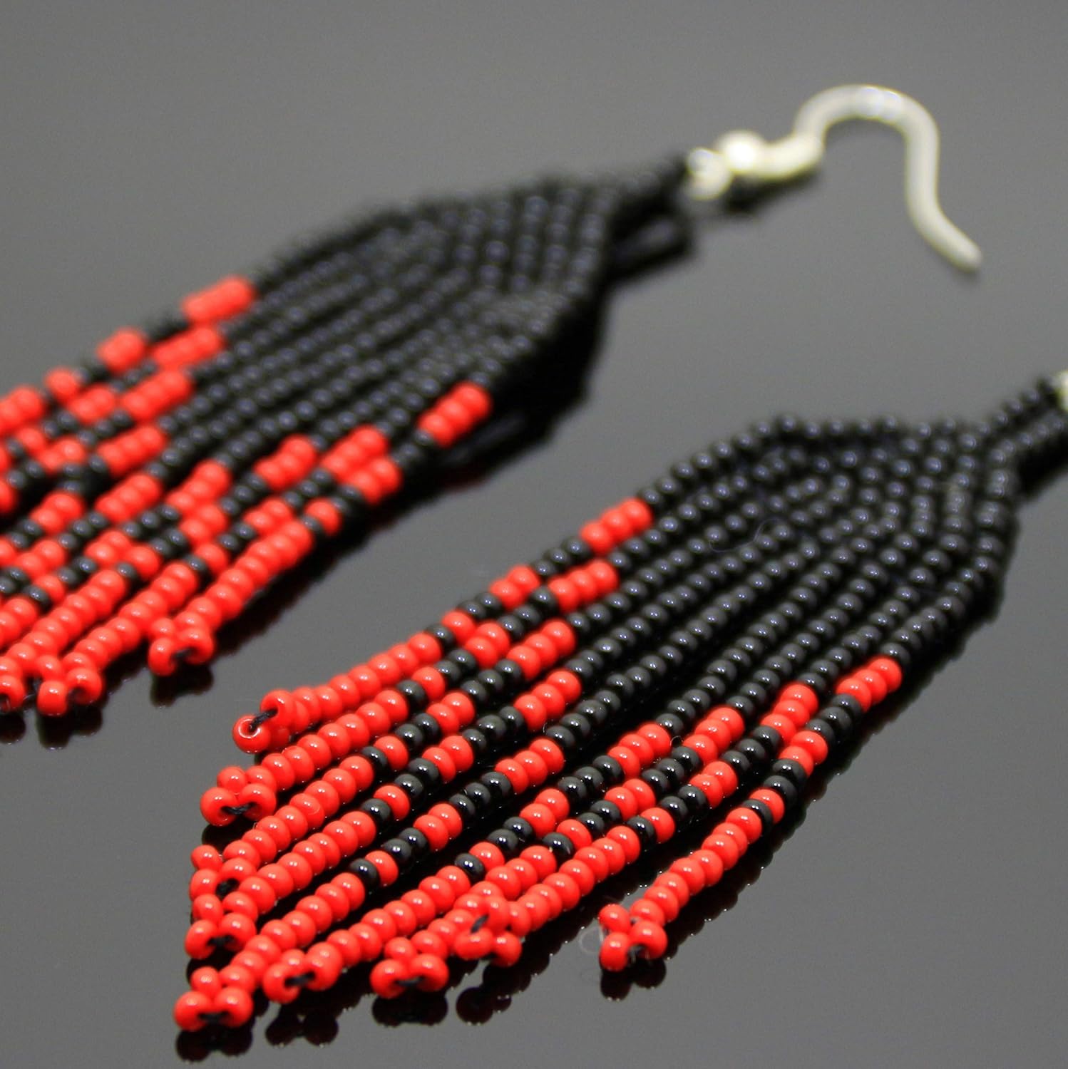 Red and Black Tribal Seed Bead Earrings Handmade Indian Native American Style Southern Beaded Western Bold Statement Chandelier Fringe Earrings Boho Style Bohemian Jewellery Mexican Lady Earrings Gift