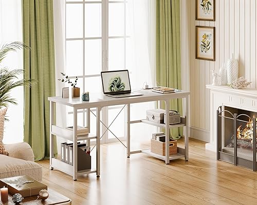 Miniatura 8 de AODK Escritorio pequeño para computadora de 48 pulgadas con tomas de corriente y puerto de carga USB, mesa para el hogar con estantes de