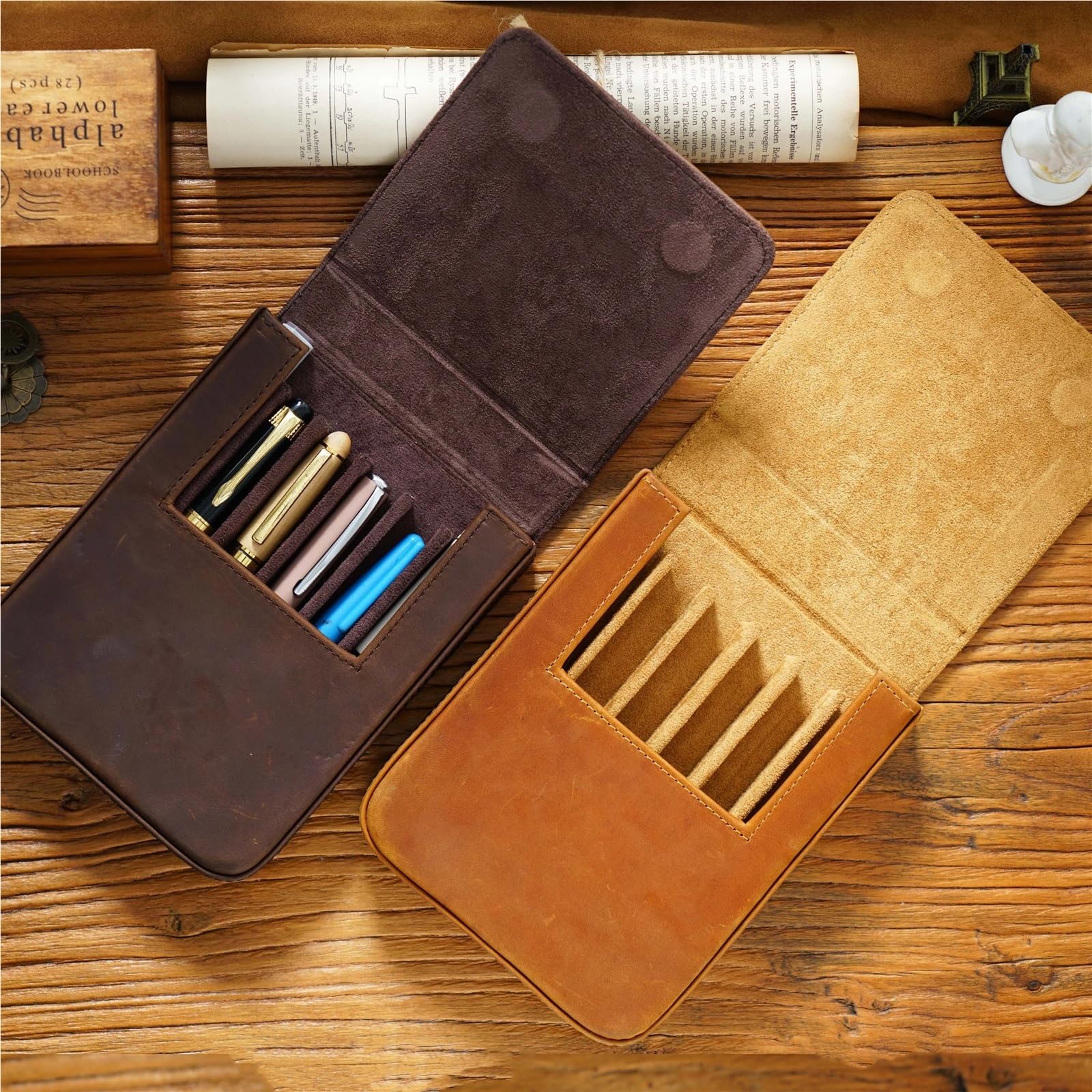 Estuche de Cuero Organizador de cajones magnético de Cuero Hecho a Mano con 6 Ranuras, Caja de Almacenamiento de 13 x 16,5 x 3 cm(Red)