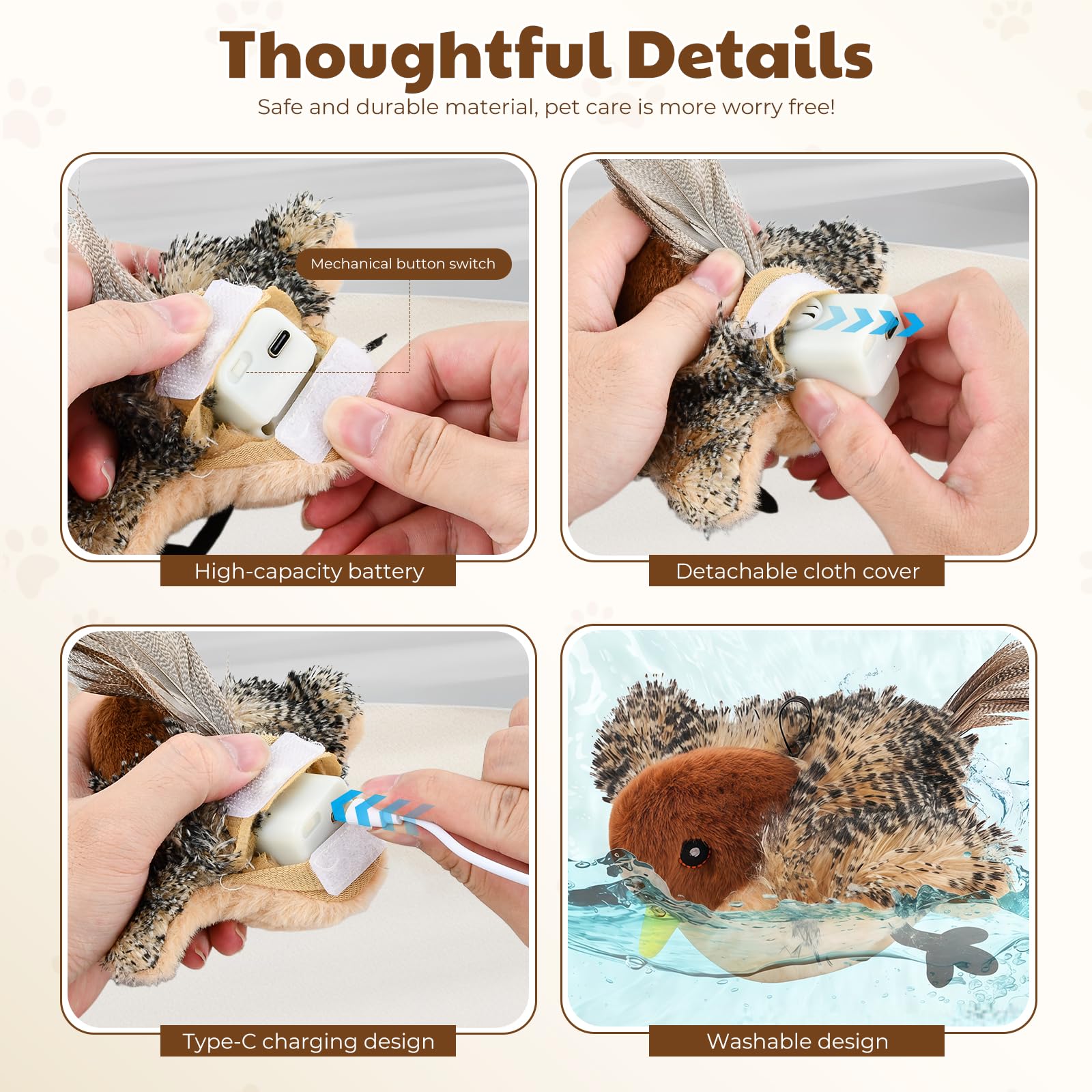 4 PCS Juguetes Interactivos Gatos Pájaro Volador, Juguete Gatos Electrico Gorrión con 3 Juguetes Pajaros Pequeños de Hierba Gatera, Juguete Automático Recargable para Gatos Interior con Control Remoto