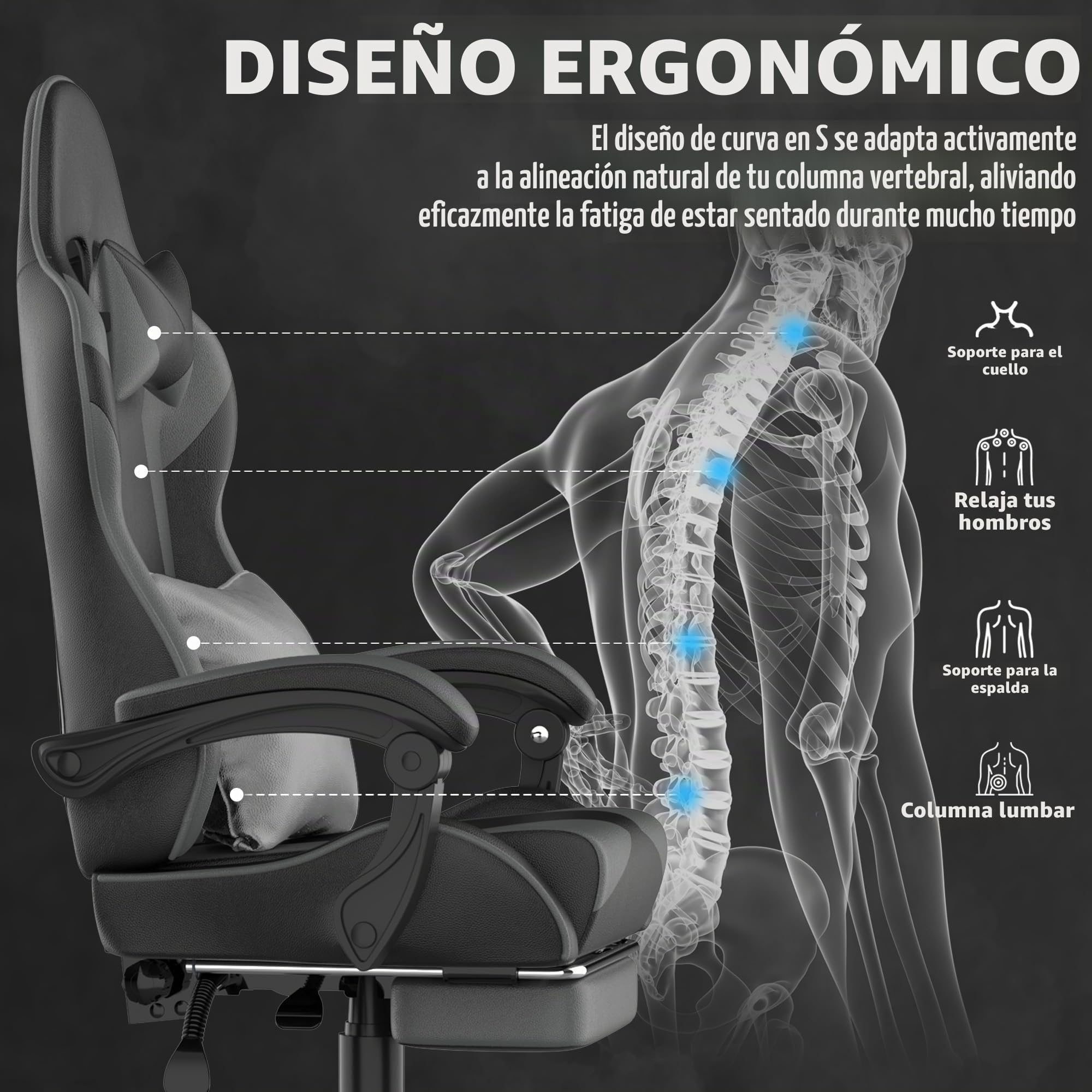 Soontrans Silla Gaming Ergonómica, Silla Gamer con Alfombrilla de Ratón, Reposapiés, Reposacabezas, Cuero sintético, Altura Ajustable, Cadeira Gaming para Escritorio, Juegos Online (Negro grisáceo)