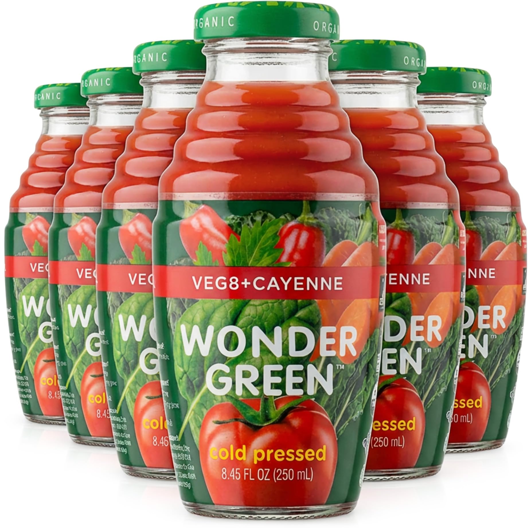 Wonder Green 100% Organic Veg8 + Cayenne Cold Pressed Juice, 8.45 oz (6 Pack) | Vegetable Juice Blend, All Natural, No Additives or Preservatives, Not from Concentrate