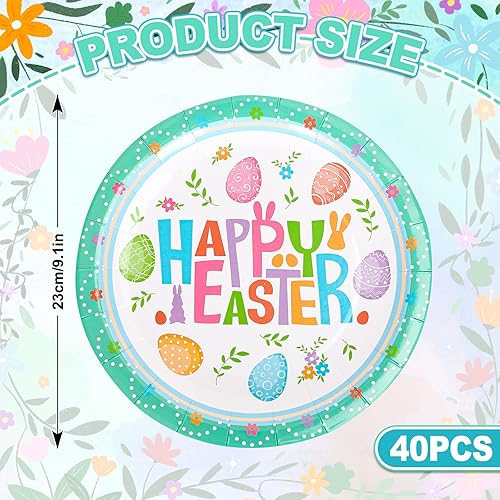 Miniatura 2 de Whaline 40 platos de papel de huevo de Pascua feliz, platos desechables redondos florales de Pascua de 9 pulgadas, vajilla decorativa de flores de