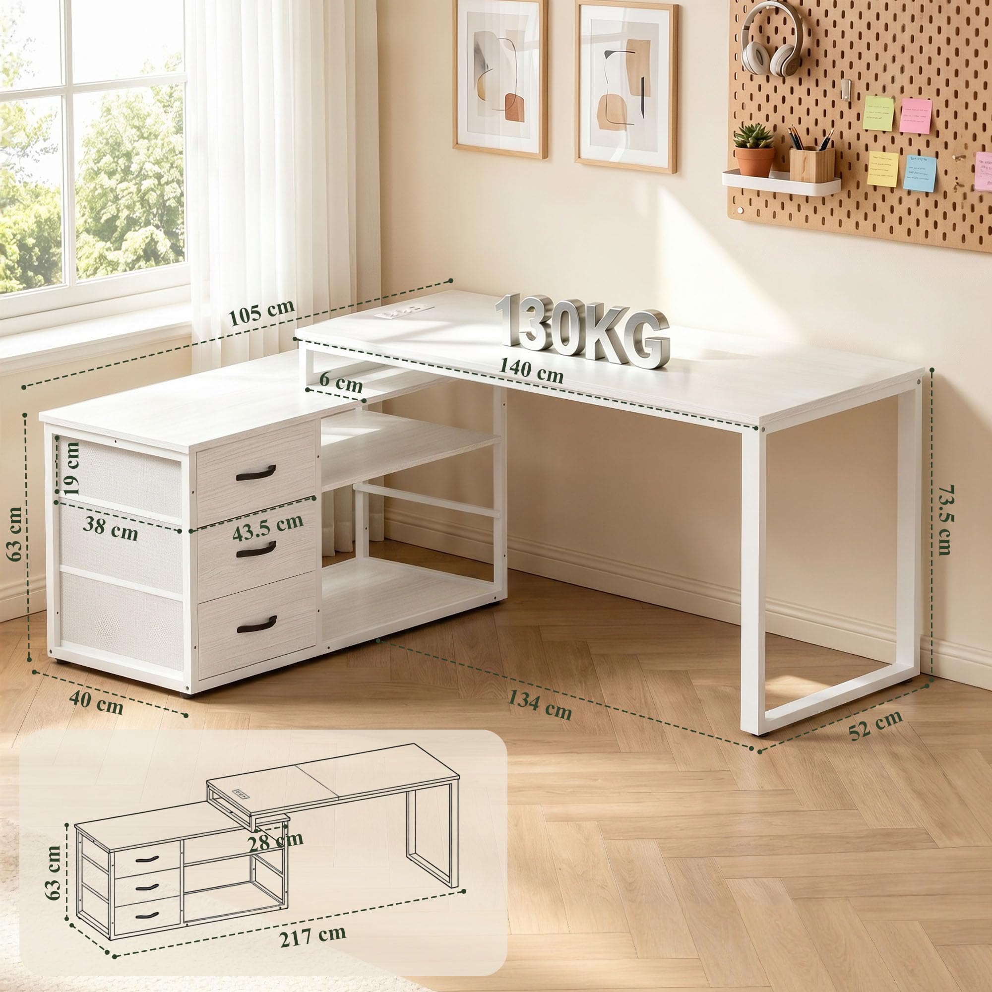JUMMICO Schreibtisch Infinizon Series, 140 x 52 x 73,5(H) cm, Weiß