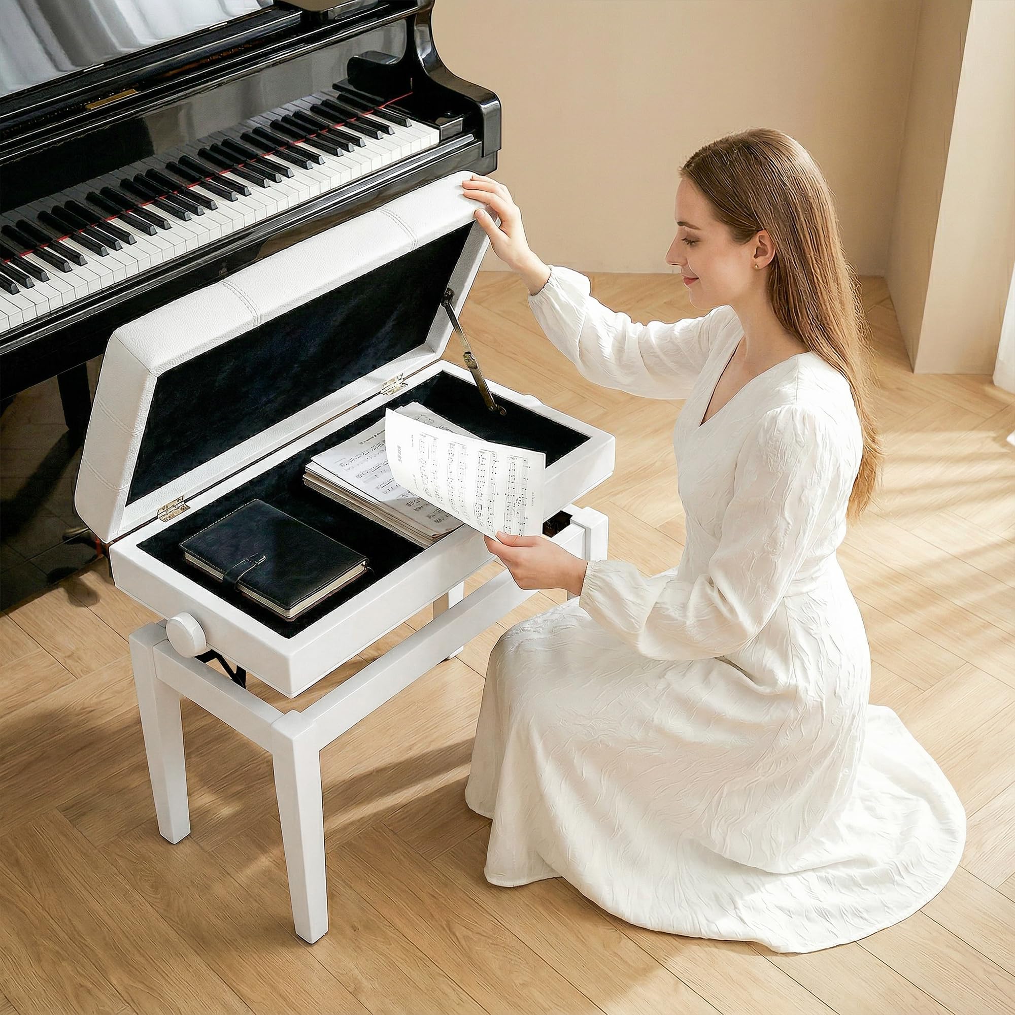 HOMCOM Panca da pianoforte, Panca da tastiera regolabile in altezza in legno massello, sgabello pianoforte con scomparto nascosto, seduta imbottita in poliuretano, stabile e antiscivolo, carico 150 kg