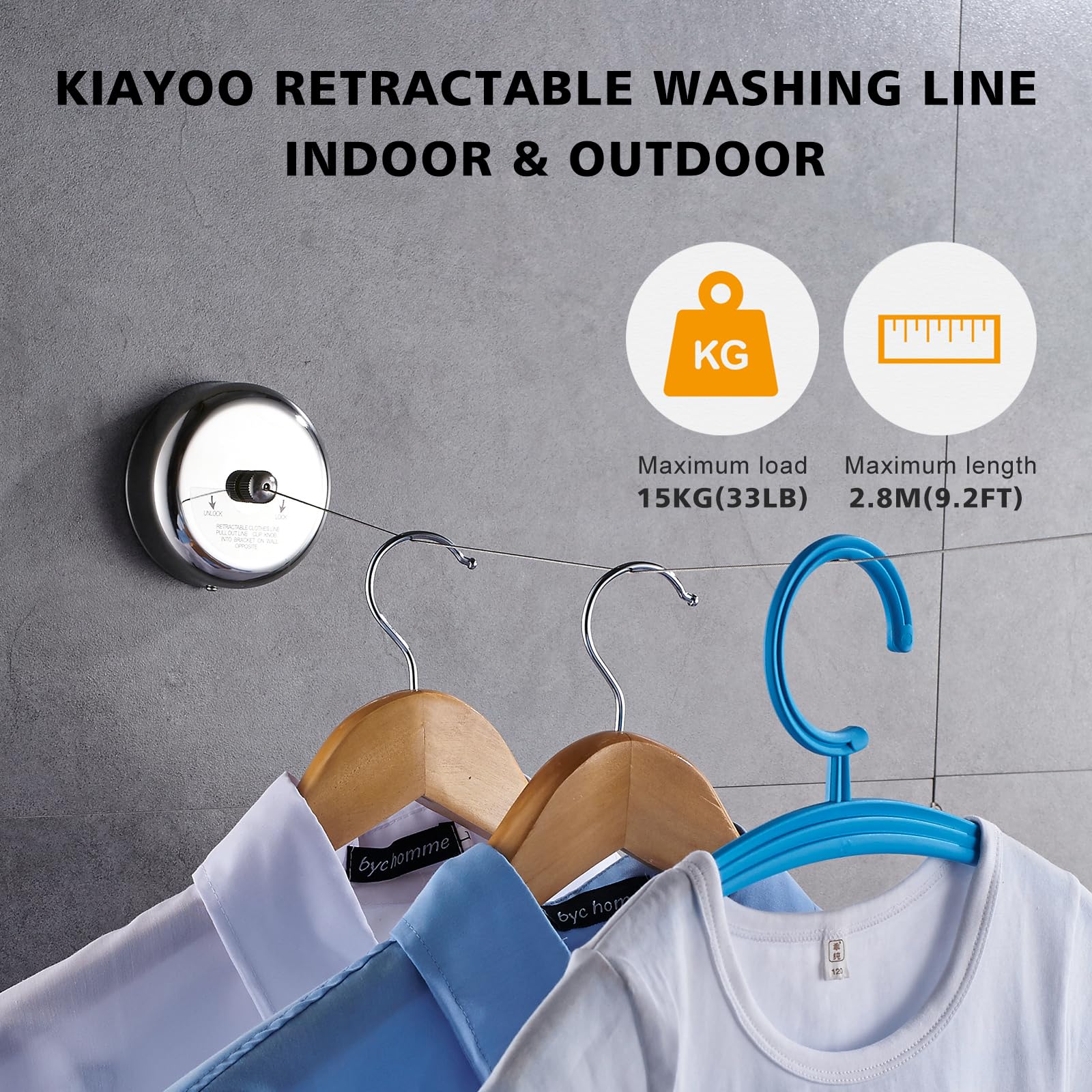 KIAYOO Retractable Washing Line Indoor Outdoor,SUS304 Stainless Heavy Duty Clothes Drying Laundry Line,Wall Mounted Drying Rack Clothesline for Apartment Hotel Dorm Balcony Laundry Room Bathroom,9.2FT - Image 2