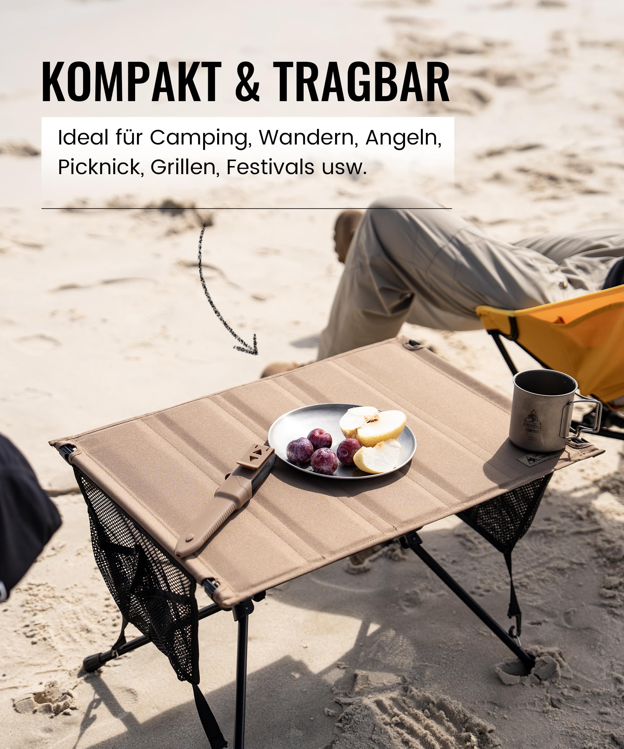 OneTigris VENTARA faltbar Campingtisch klappbar, Camping Tisch Klapptisch mit Tragetasche und Netztasche, Kleiner Tisch Outdoor Ultraleicht für Angeln Wandern 61,5 x 43 x 38 cm (Kojote Braun)