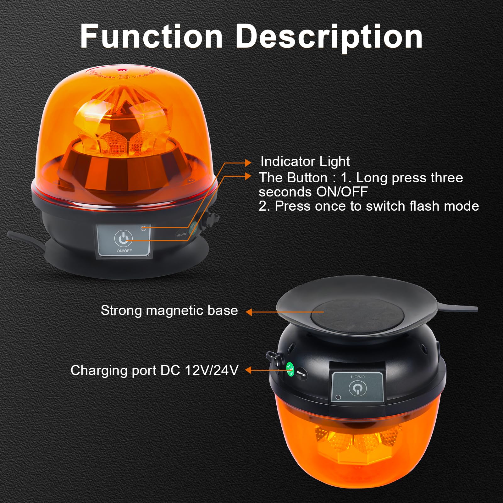 Lampe d'Avertissement Orange 12V 24V Aimant Balise d'Urgence en Verre