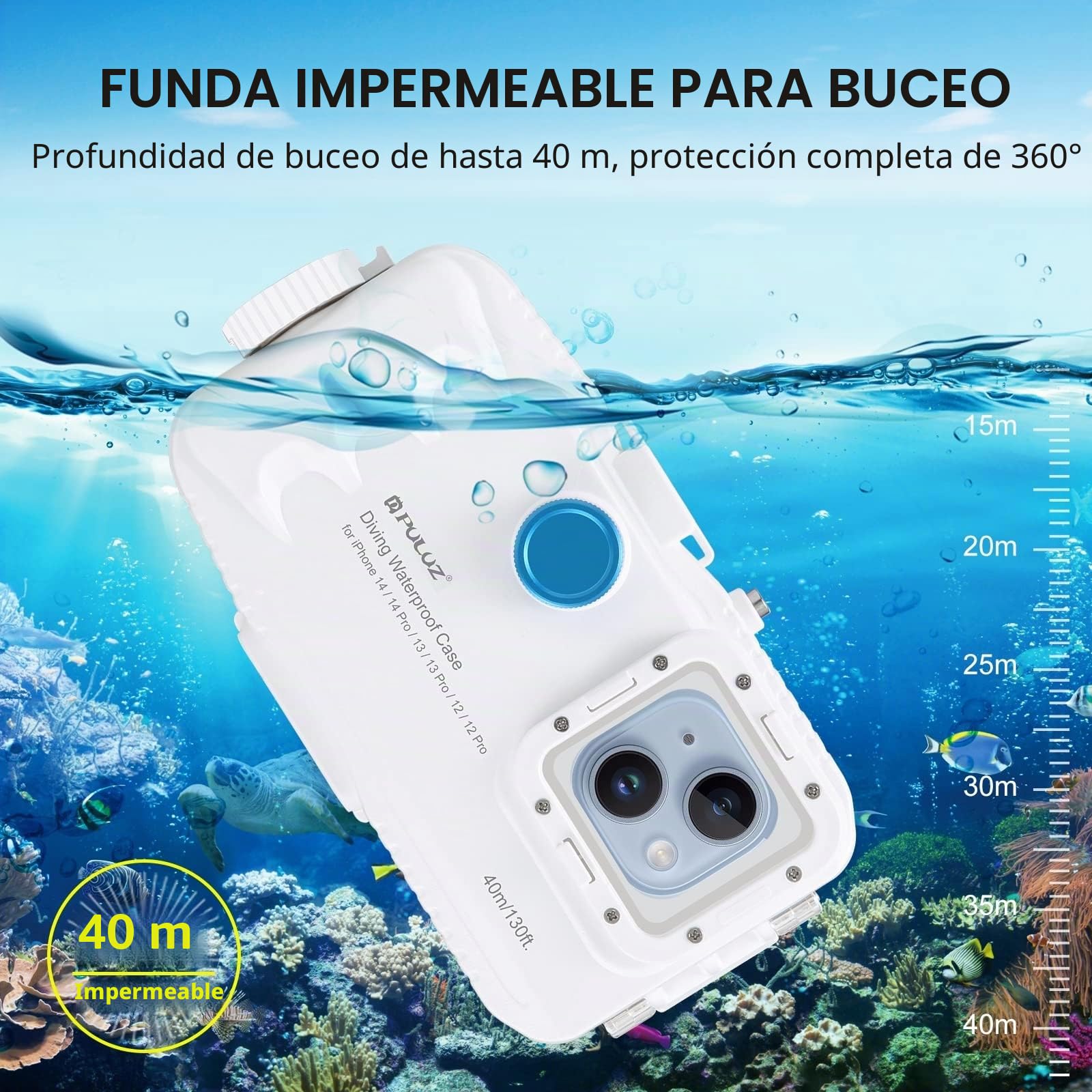 PULUZ Funda impermeable para iPhone 14/14 Pro/13/13 Pro/12/12 Pro, funda protectora de policarbonato y vidrio de 40 m/130 pies, funda de buceo impermeable para surf, esnórquel, flotante, color blanco