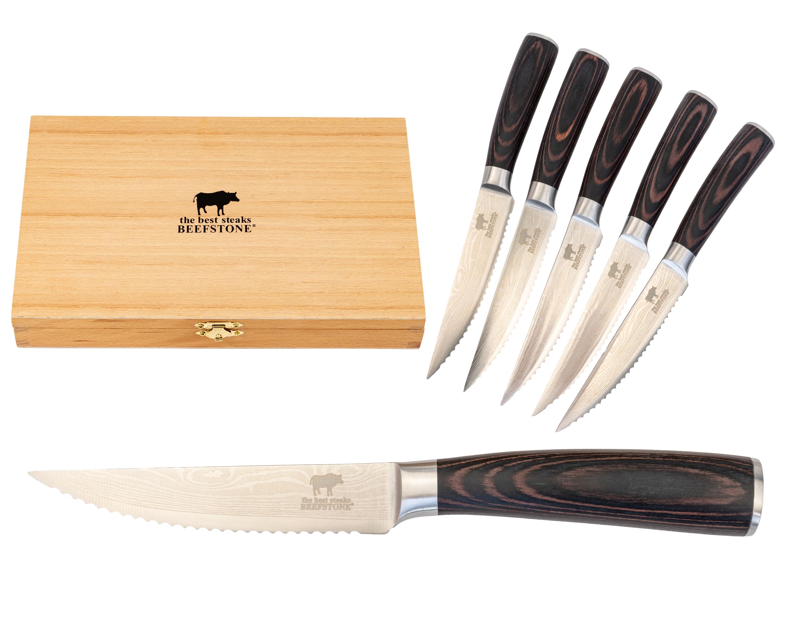 Set de 6 couteaux à steak, couteaux de chef professionnels, manche ergonomique en bois, lame dentelée, idée cadeau avec boîte en bois pour rangement