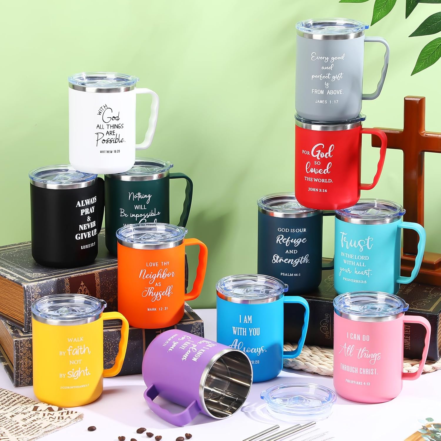 Sieral 12 Pcs Christian Coffee Mugs with Straw Lid 17 oz Religious Bible Verse Cups Stainless Steel Tumbler Employee Appreciation Gifts for Women Men Office Christmas(Multiple Colors,Bible Verse) - Image 3