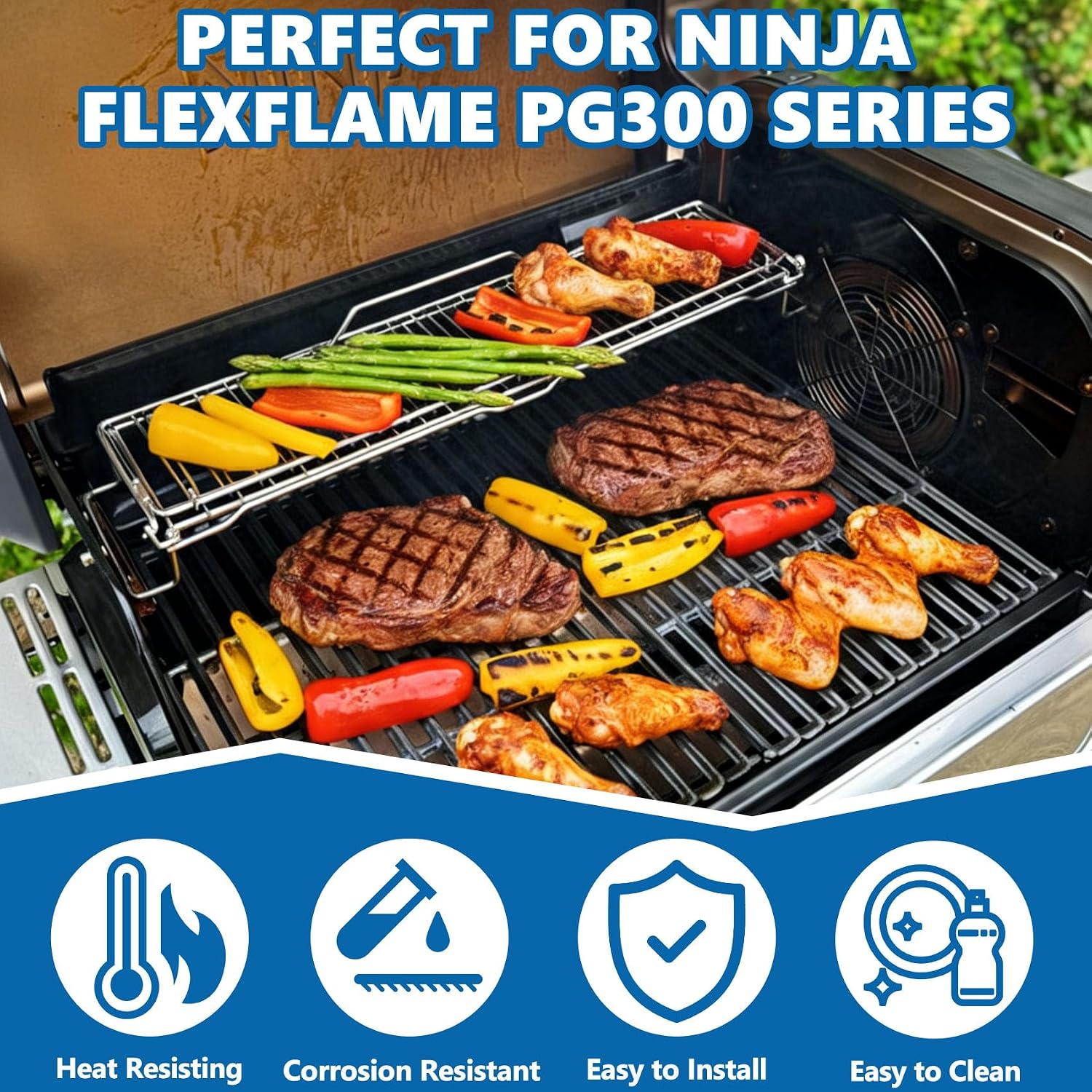 SafBbcue Griddle Warming Rack for Ninja PG300 Series, Adjustable Expandable Roast & Smoke Durable Stainless Steel Rack for Ninja FlexFlame Grill Accessories, XSKFLDINDRCTRK