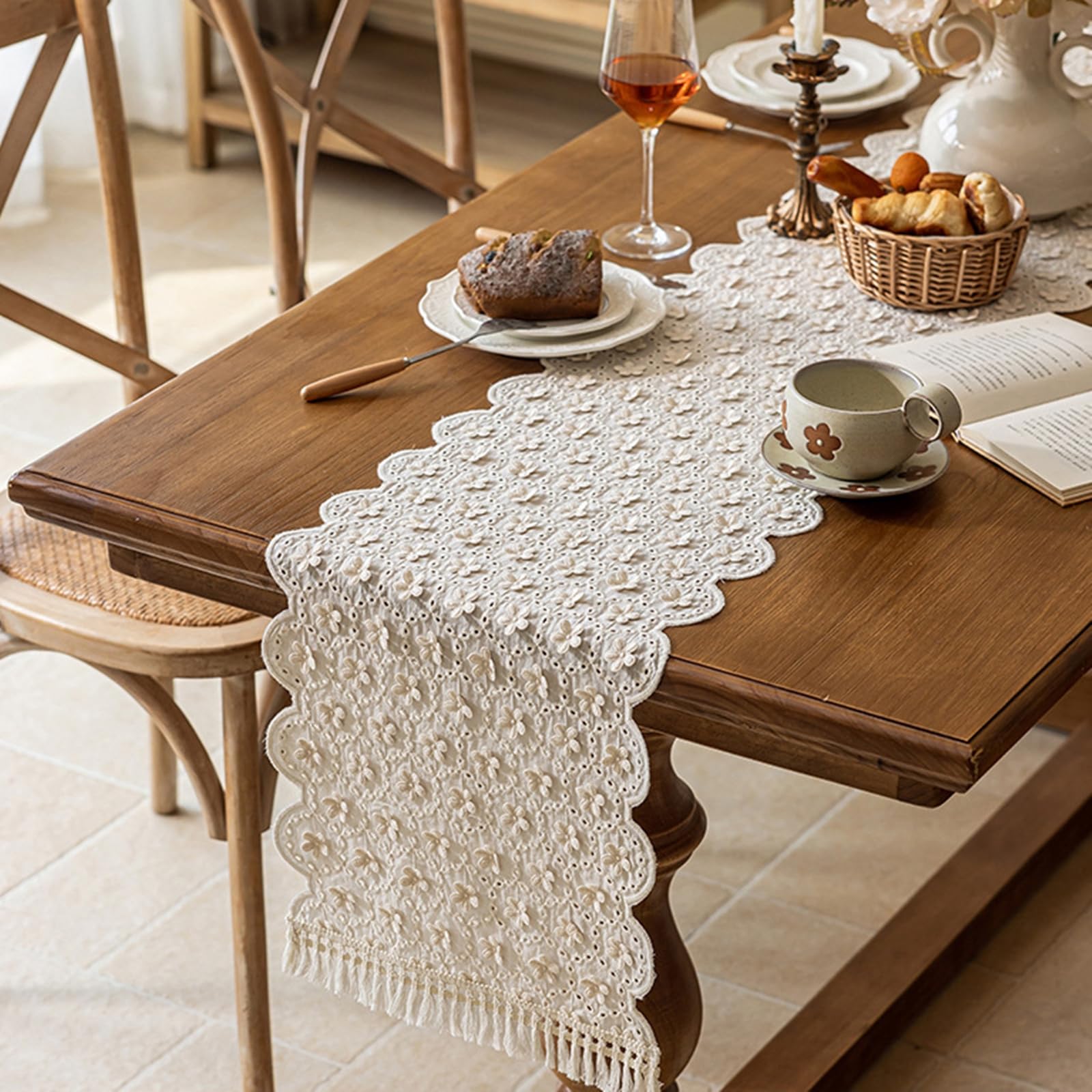 Runner da Tavolo Cotone 33x160 cm, Runner da Tavola Moderno Lavabile Motivo Fiori 3D A Cerchi Vuoti con Nappe Decorazioni Matrimonio Tavoli per Cucina, Beige Bianco
