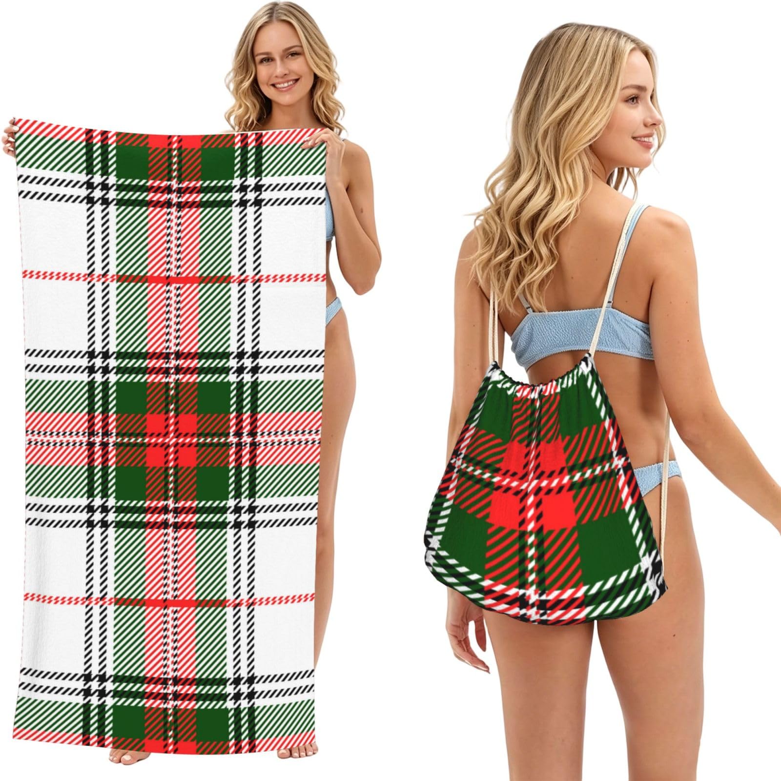 Poadnly As Picture Clan Stewart Tartan Plaid The Arts, 2 In 1 Packable Towel Bag, Beach Towels With Drawstring Backpack For Travel Holiday Camping