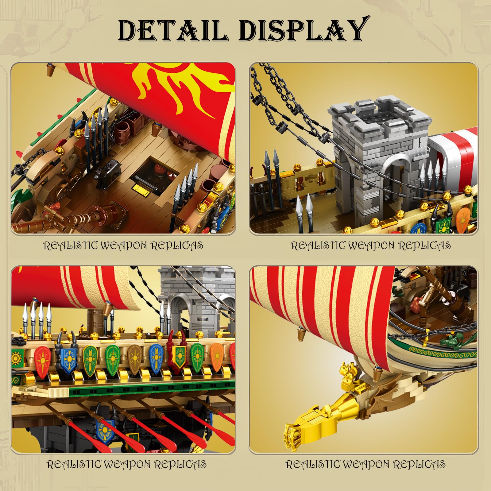 Reobrix Set di costruzione di navi pirata, nave da guerra greca militare 66102, classica antica nave da guerra greca, set di giocattoli di navi pirata da collezione, giocattolo per 14+