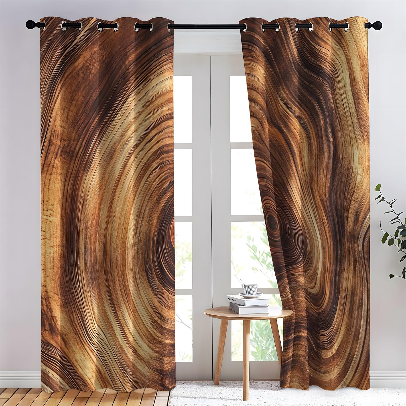 KaiHeBeding Wood Grain Circles Blackout Curtains for Bedroom - Modern Simplicity Living Room Curtains 66x72 Eyelet - Soft Thermal Insulated Patterned Drapes for Windows - 2 Panels