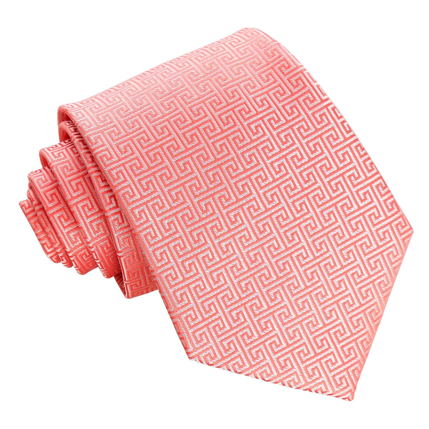 DQT Mens Greek Key Jacquard Tie - 9cm Classic Width Necktie - Wedding, Business & Formal - Coral