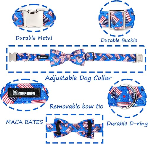 Miniatura 4 de MACA Bates - Collar de perro con bandera estadounidense con lazo, collar patriótico de algodón suave para perro del 4 de julio, collar ajustable con