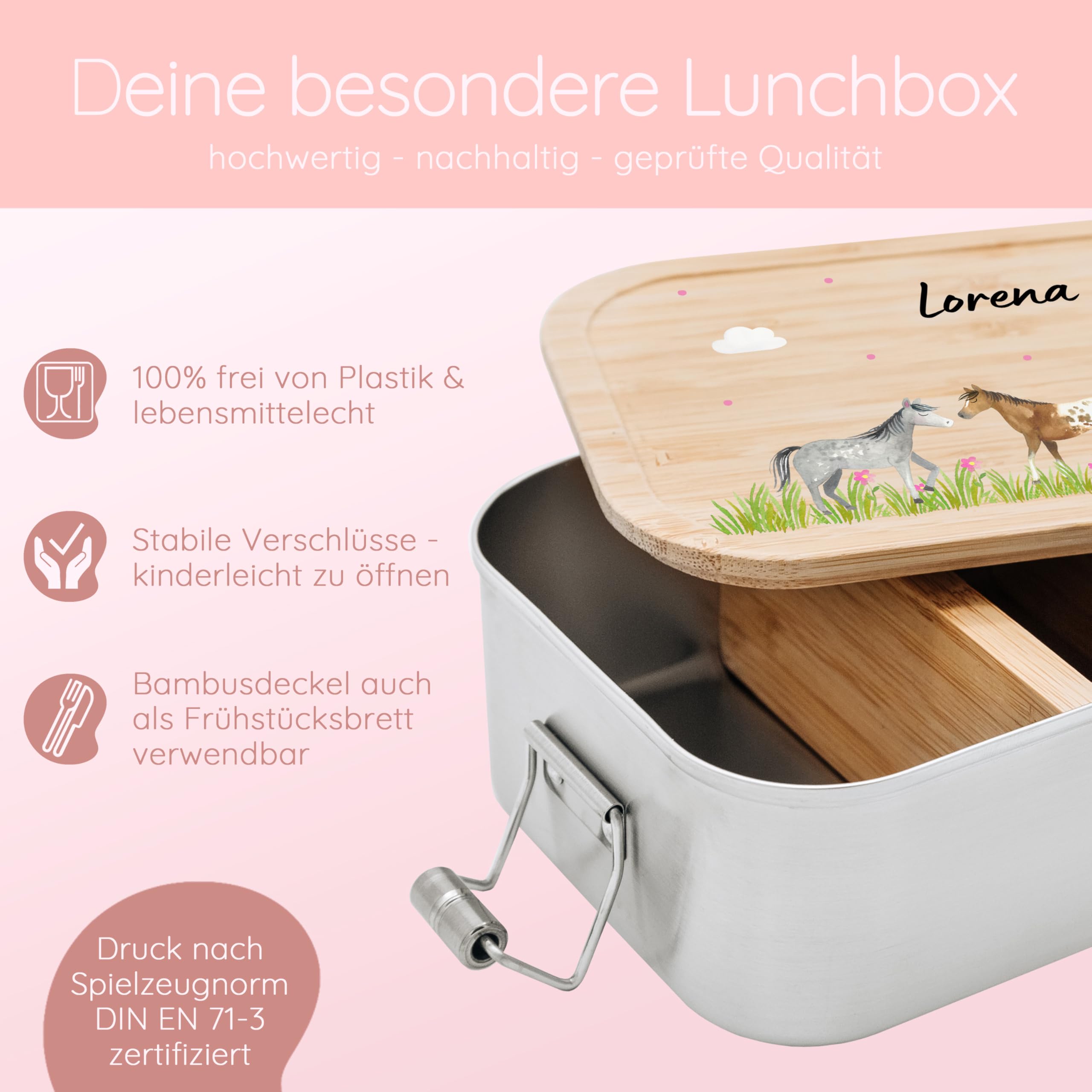 Personalisierte Brotdose Aus Edelstahl – Mit Bambusdeckel, Trennfach, Für Kinder & Erwachsene (Pferde-Design)