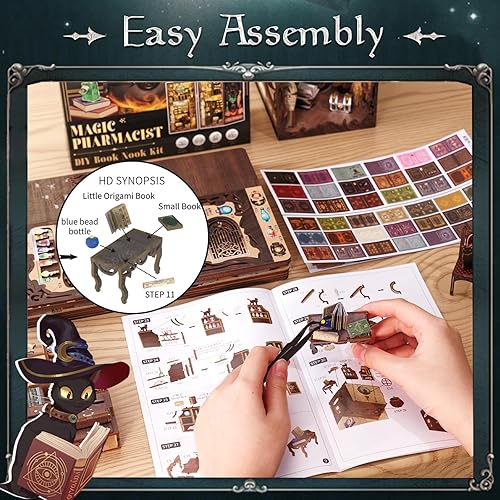 Miniatura 5 de Fsolis Kit de rincón de libros para bricolaje kit de casa de muñecas en miniatura 3D rompecabezas de madera para libros estante de rincón de libros