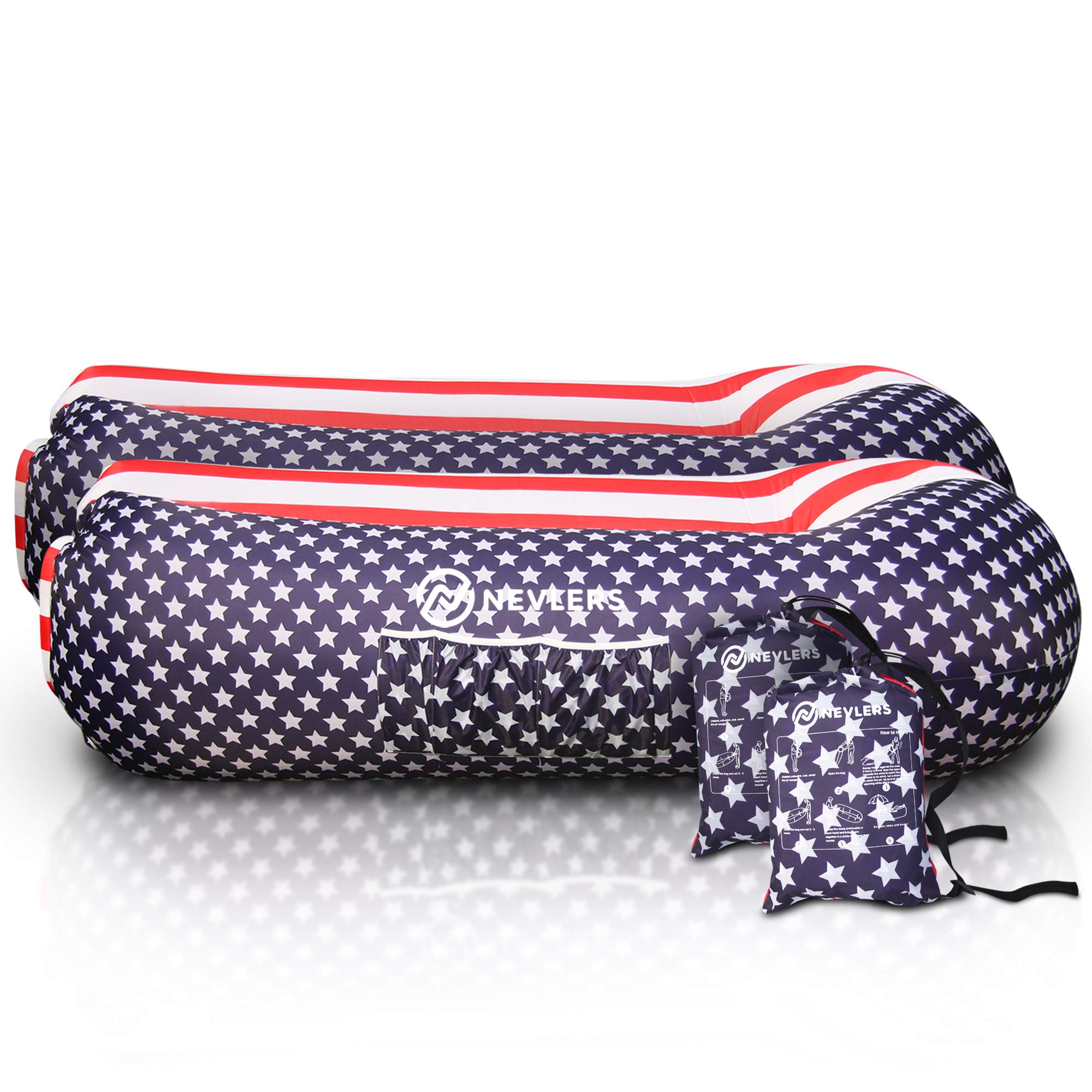 Nevlers2 Pack Inflatable Loungers with Side Pockets & Matching Travel Bag - American Flag Design - Waterproof and Portable - Great & Easy to Take to The Beach, Park, Pool, and as Camping Accessories