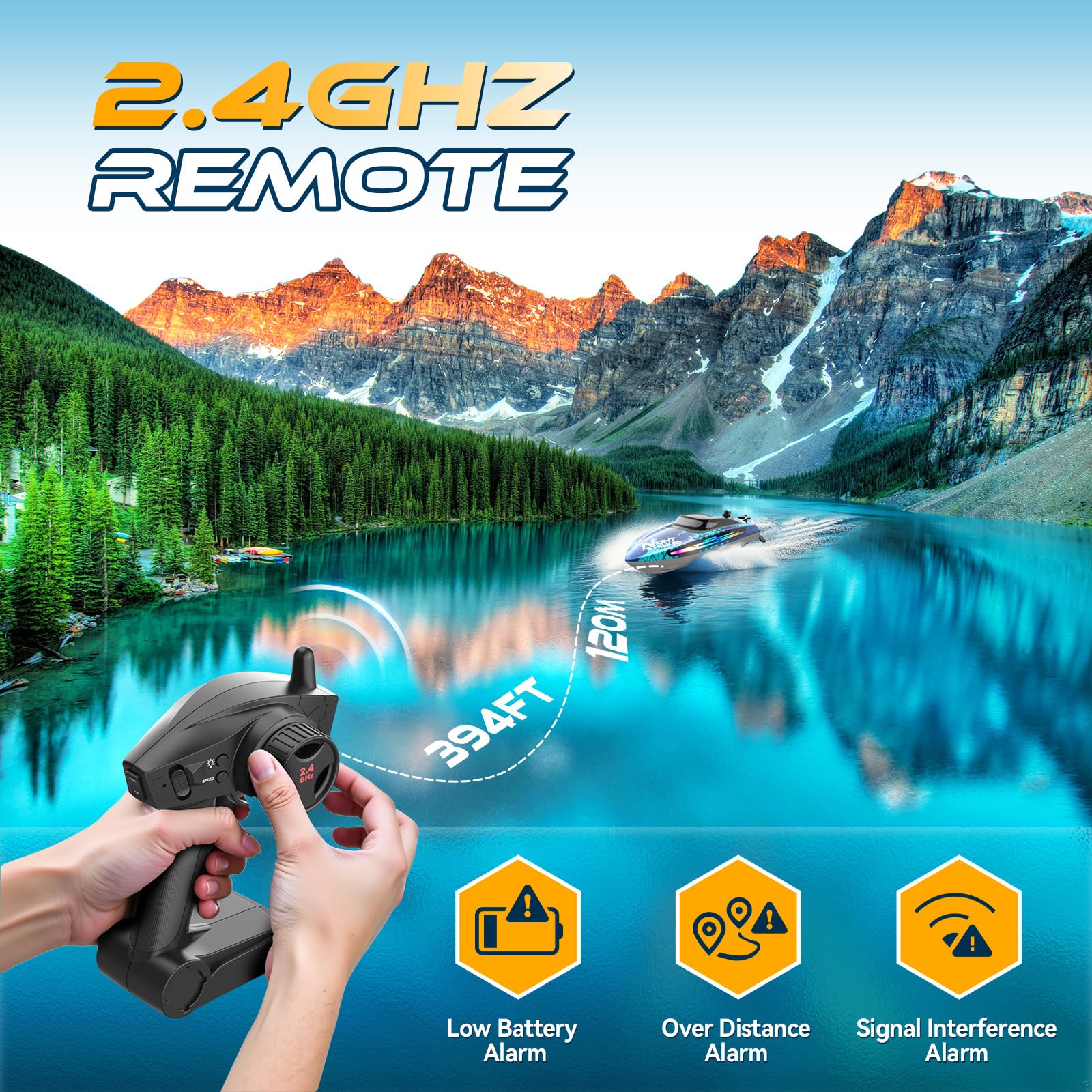 RC Remote Control Boat with 7LED Light Modes for Adults Kids 8-12 Pool Lakes, Waterproof 25KMH Electric Fast Boat with Self-righting,Demo, Low Battery/Over Distance/Signal Interference Alarm