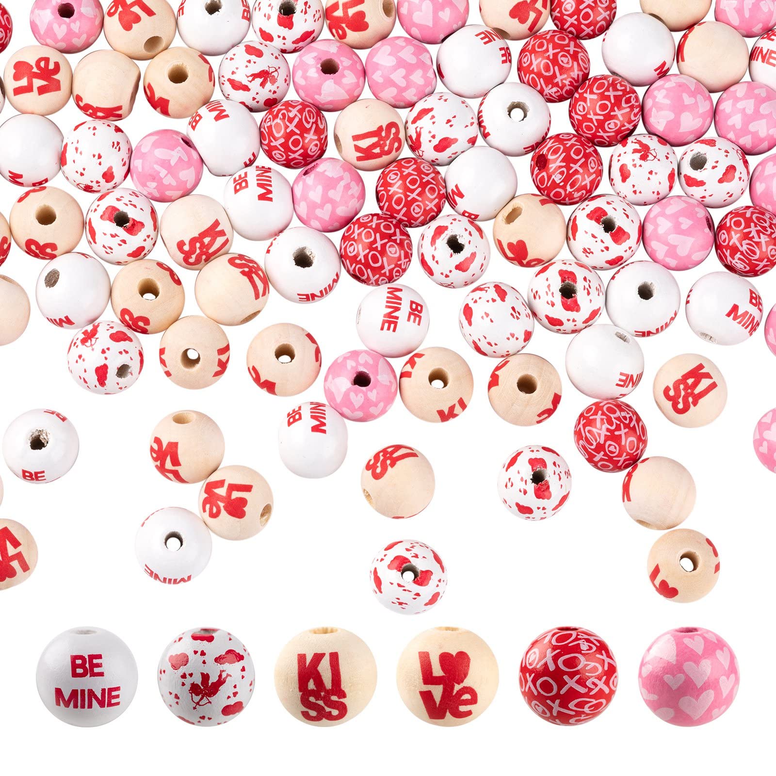 PandaHall 120pcs Painted Natural Wood Round Beads Love Styles Large Hole Wooden Round Ball Spacer Loose Beads for Macrame Crafts DIY Jewelry Making