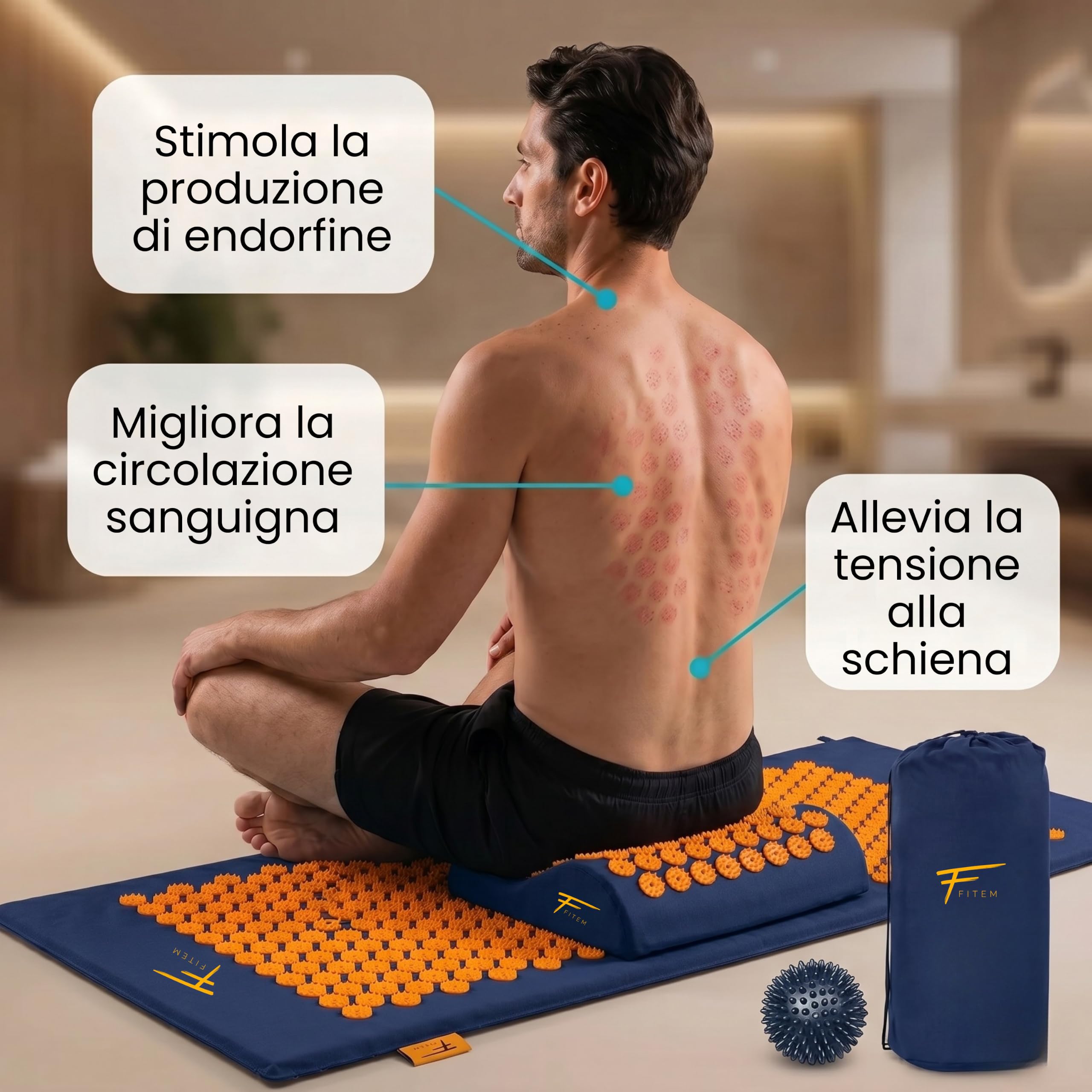 Fitem Tappetino per Digitopressione con Cuscino per Massaggio e Relax, Supporto per Schiena e Collo, Ideale per Yoga, Pilates e Recupero, Favorisce Benessere e Riposo a Casa