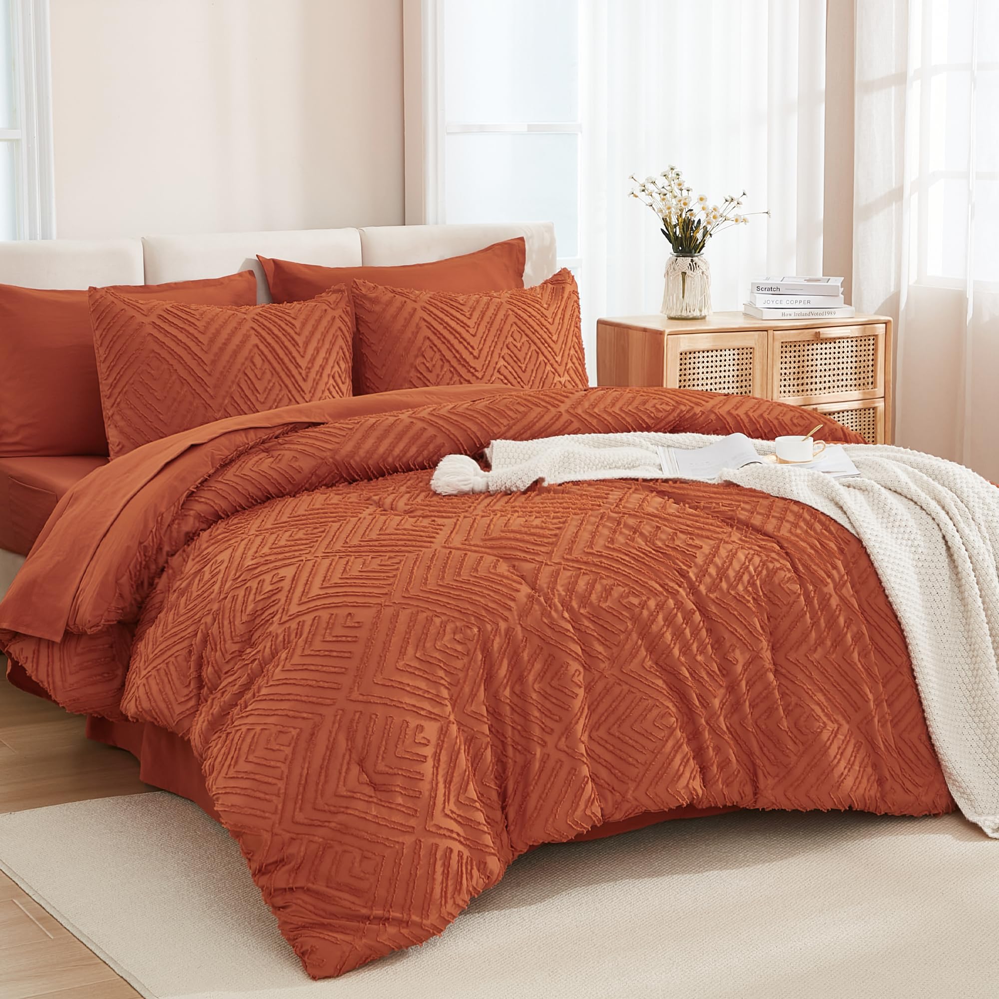 Photo 1 of Andency King Size Comforter Set Burnt Orange - 7 Pieces Bed in a Bag King Boho Terracotta Bedding Comforter Sets, Rust Tufted Bed Set with Comforter, Sheets, Pillowcases & Shams