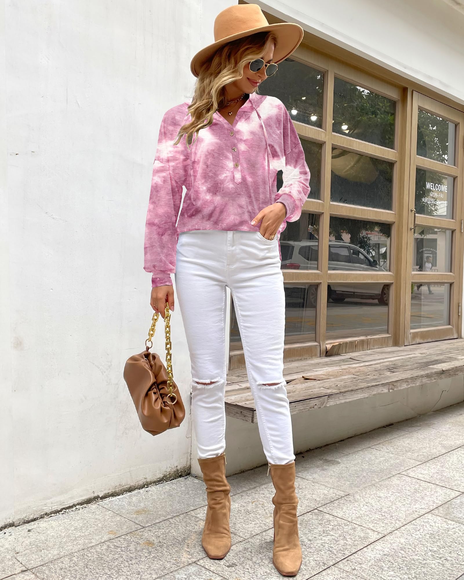 PLOKNRD Damska bluza oversize z długim rękawem zapinana na guziki bluzy ze sznurkiem