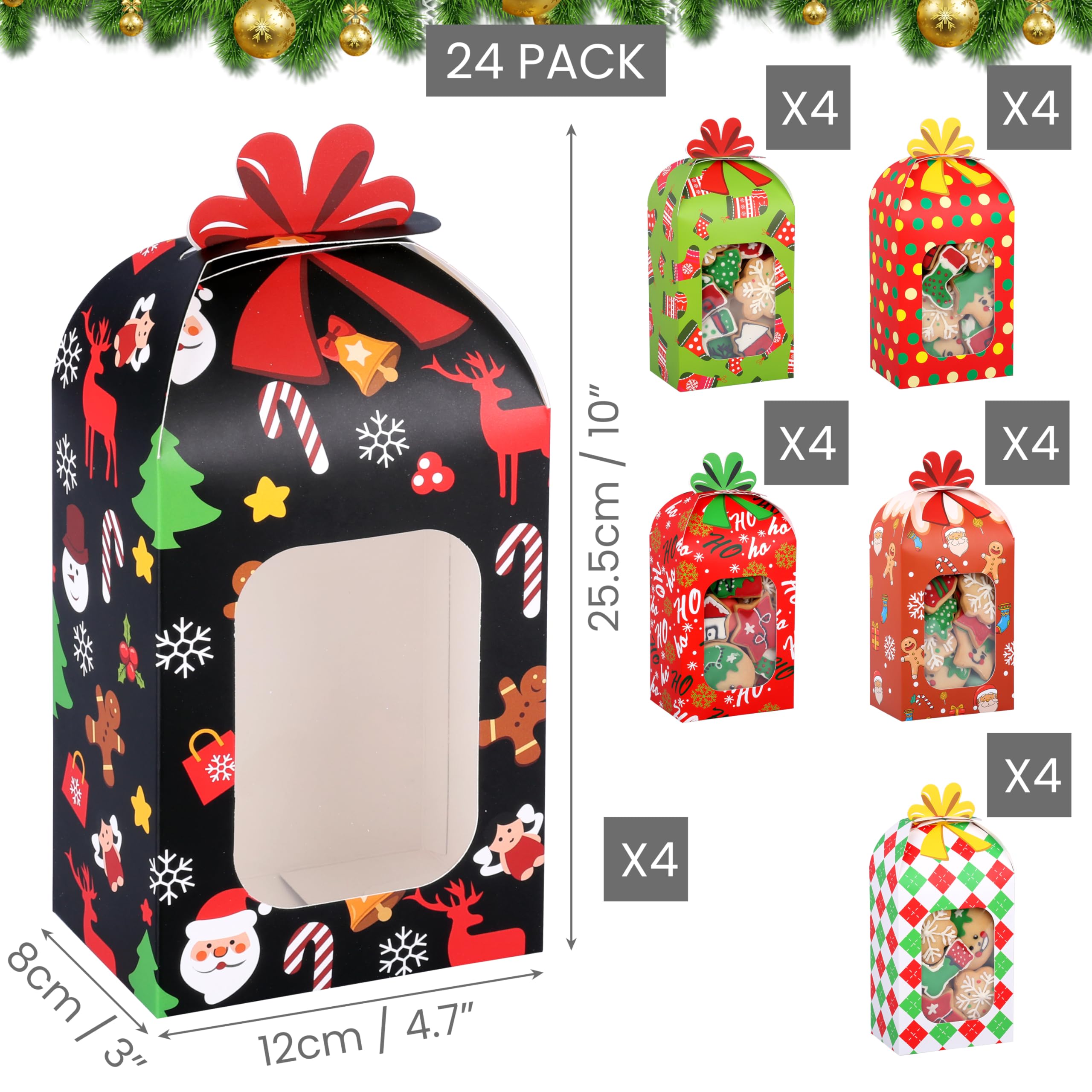 HEMOTON - Confezione di scatole per biscotti di Natale, con finestrella, 20 x 11 x 7 cm, 16 pezzi