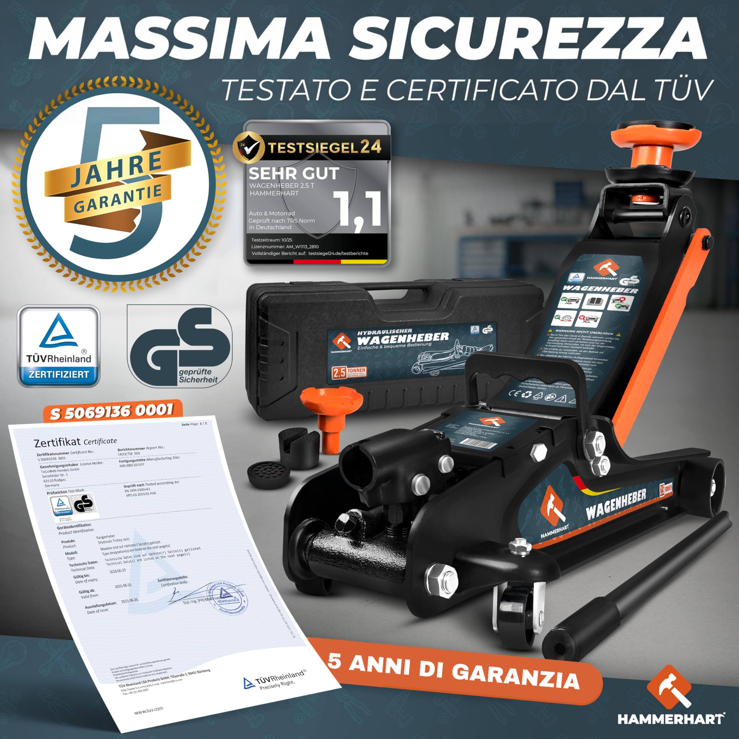Cric per auto 2,5 tonnellate | Sollevatore auto certificato TÜV con altezza di sollevamento da 85 a 384 mm | Cric idraulico premium con ruote a 360° e doppio pistone | Cric supporti in gommae valigett