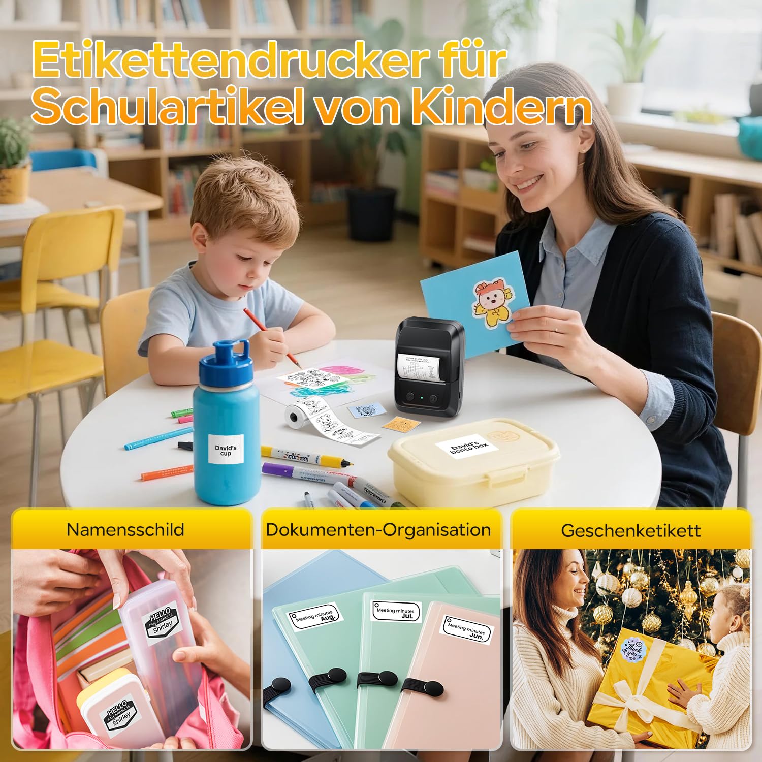 Memoking Bluetooth Etikettendrucker Selbstklebend, Tragbarer Etikettendrucker mit 2000 Symbolen und 300 Vorlagen, Barcode Etikettendrucker für Einzelhandel, kleine Unternehmen, Büro und Zuhause