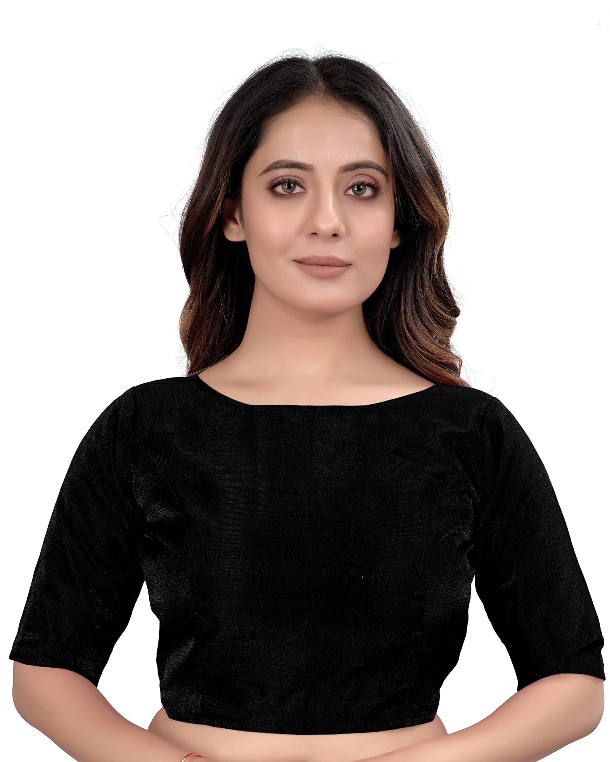 Pujia Mills Women's Slub Silk Boat Neck With Elbow Length Sleeve Plain Fancy Blouse(Slub Black_S)