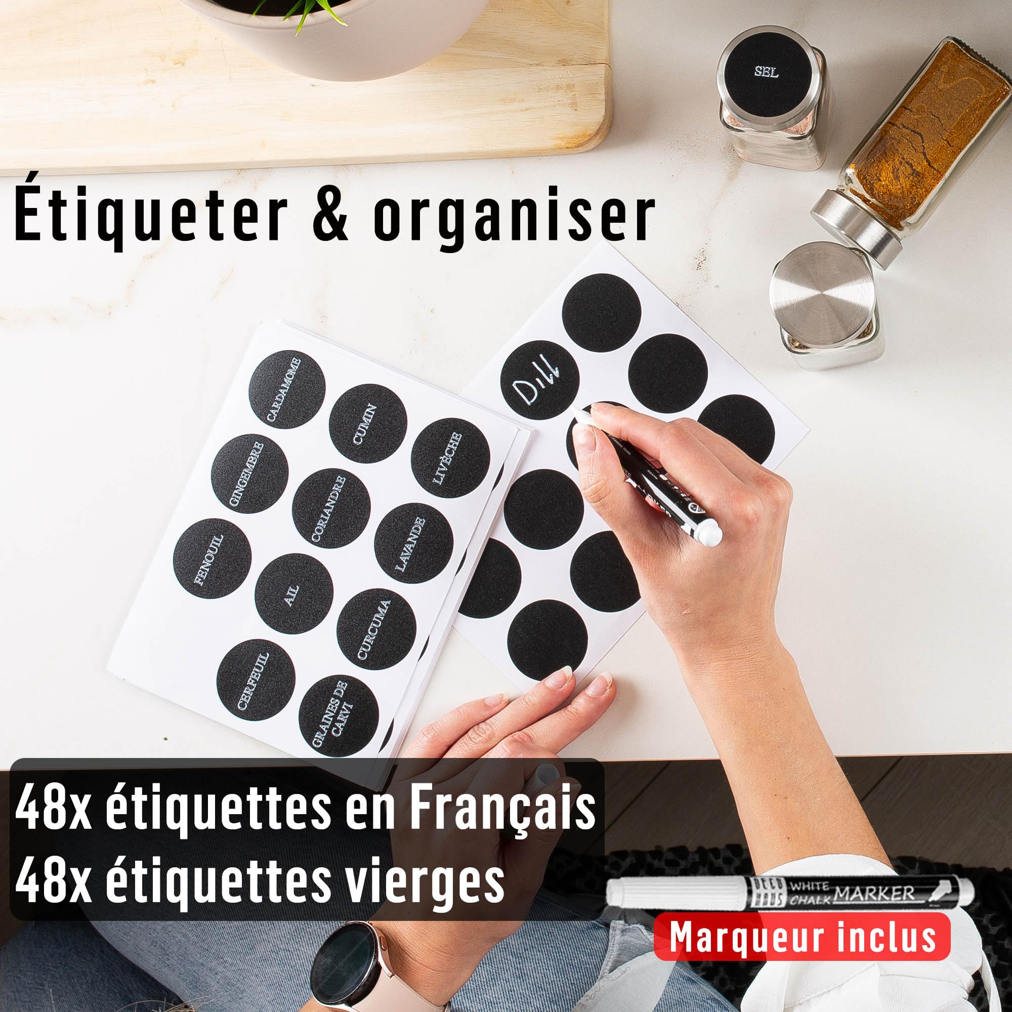 Deco haus® Etagere avec Pot a Epices Lot de 24 Boite avec Étiquettes d'épices Françaises - Rangement Cuisine