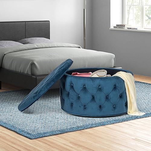 Miniatura 66 de Joveco Otomana redonda de almacenamiento, otomana tapizada con botones y parte superior extraíble, banco de almacenamiento, mesa auxiliar, Negro,