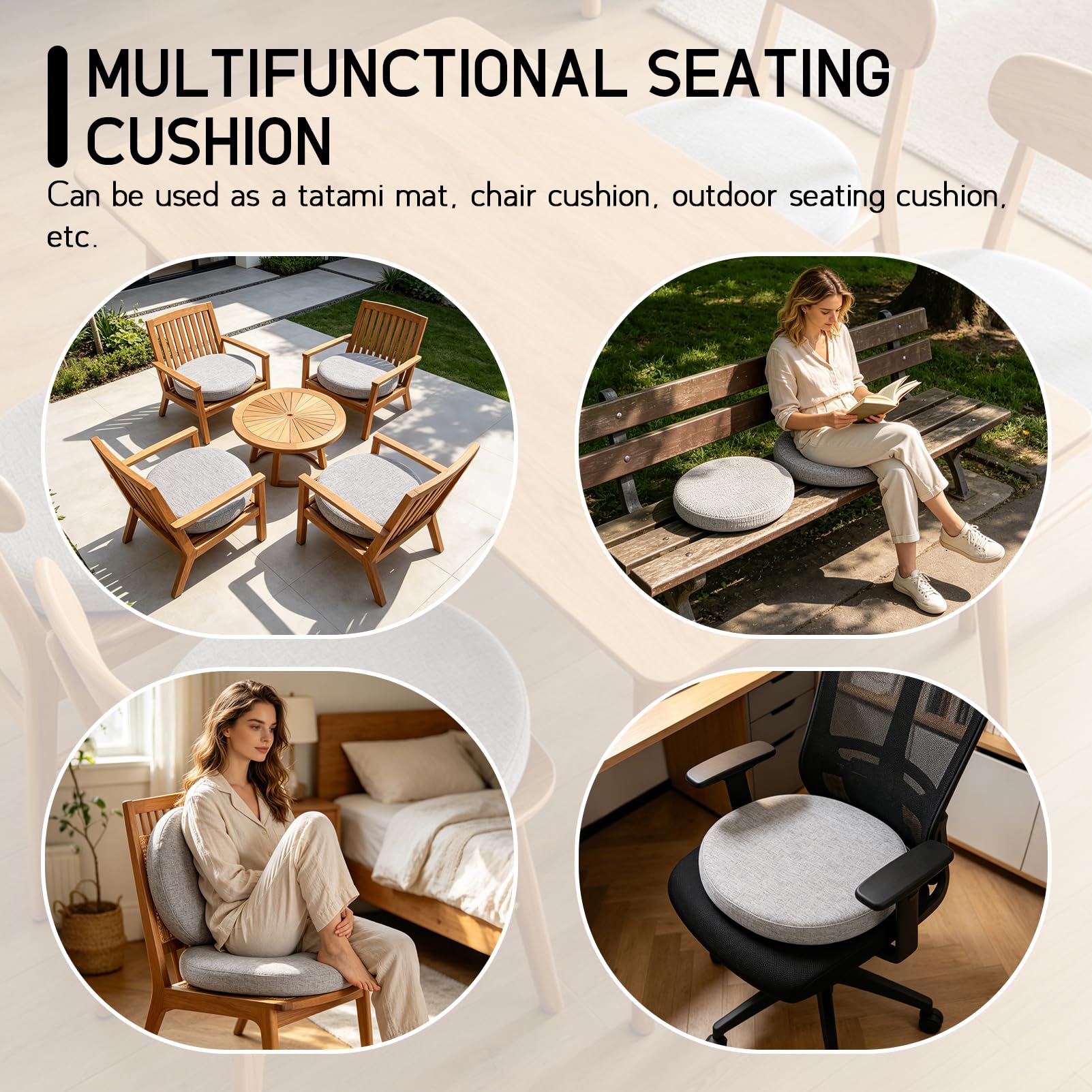 Cuscini Rotondi per Sedia, 43x43x5 cm, Grigio, Set da 4 | Con laccetti, In lino, Rimovibili, Memory foam, Lavabile, per sedia da ufficio, sedia da giardino, sedia da balcone