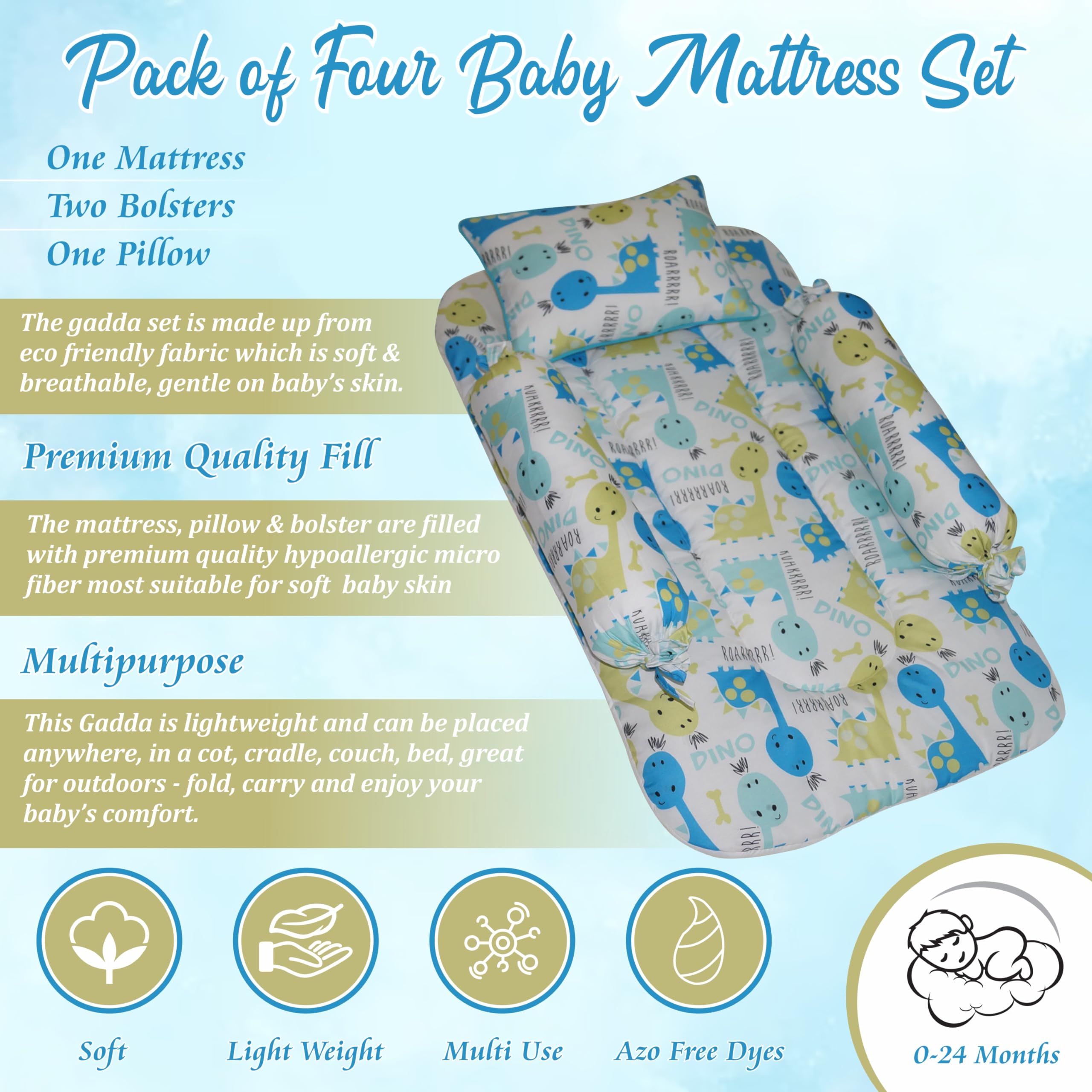 Oscar Home Gadda/Mattress Set with 2 Bolsters & One Pillow, Made in Soft Premium Eco Friendly Fabric for Newborns & Infants, Soft Comfortable Base (Pack of 4) Pieces, 0-2 Years β (Wild) (Esquire) 3