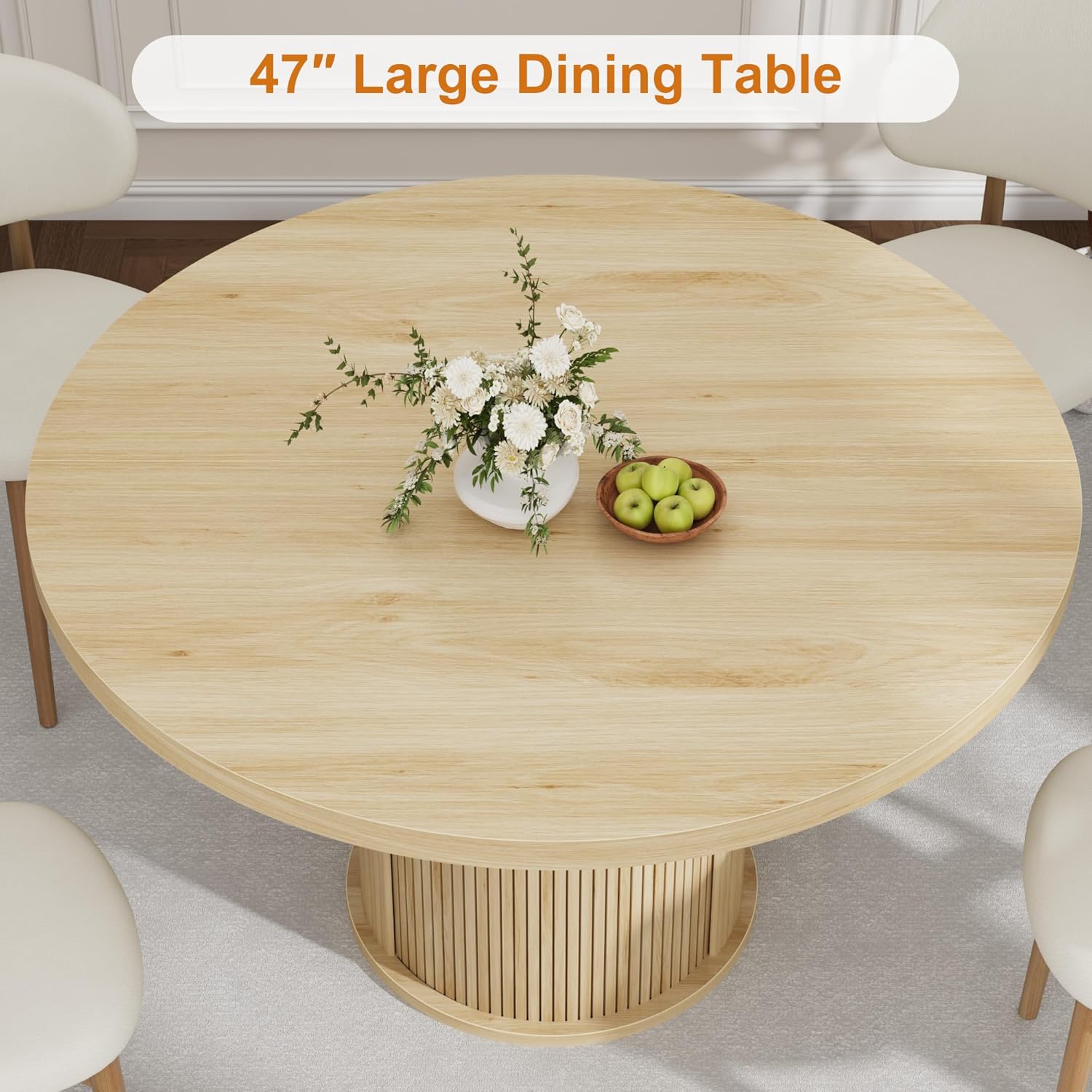 IDEALHOUSE 47" Round Dining Table for 4-6, Modern Farmhouse Kitchen Table with 2-Layer Storage Shelf & Drawer, Wooden Circle Dining Tables with Fluted Pedestal Base, Natural