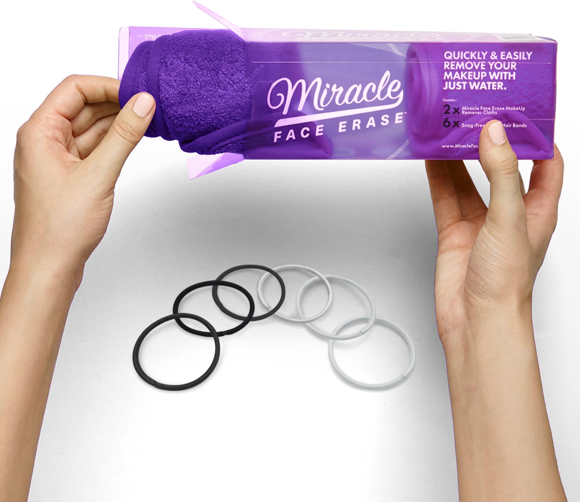 Miracle FACE ERASE Makeup Remover Cloth 2-Pack – Reusable Microfiber Face Cloths with 6 Hair Ties – Use With Water – Washable, Sensitive Skin Friendly Makeup Eraser (2 Count, Purple)