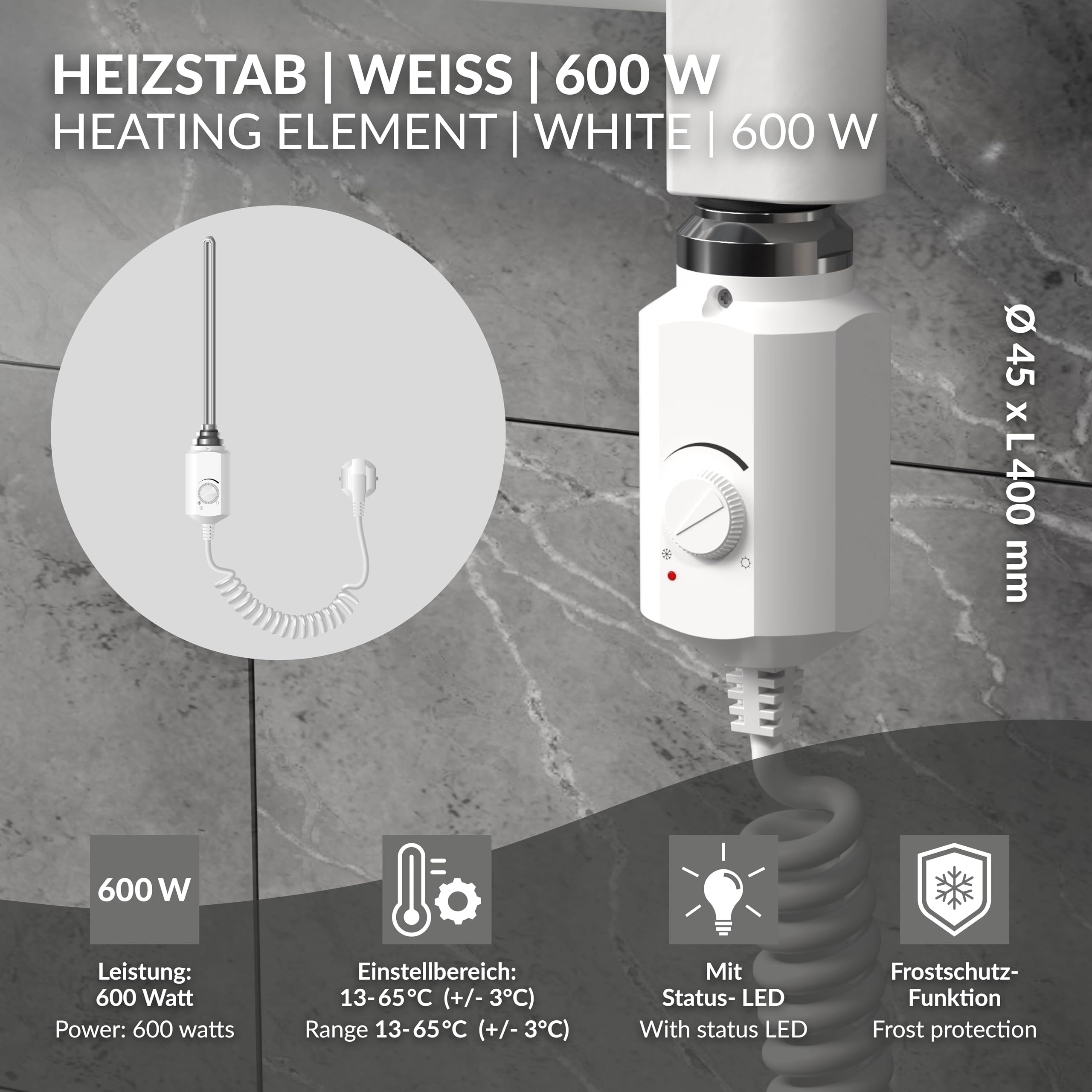 ECD Germany Termostato Regulador de Temperatura para Radiadores de Baño 900 W Barra Calefactora Eléctrico 1/2" Blanco Revestimiento de Cobre Elemento Calefacción Varilla para Calefactores