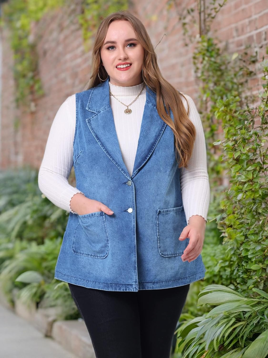 Agnes Orinda Plus Size Denim Vests for Women Dressy Sleeveless Lapel Casual Long Jean Jackets Tunic Vest - Image 6