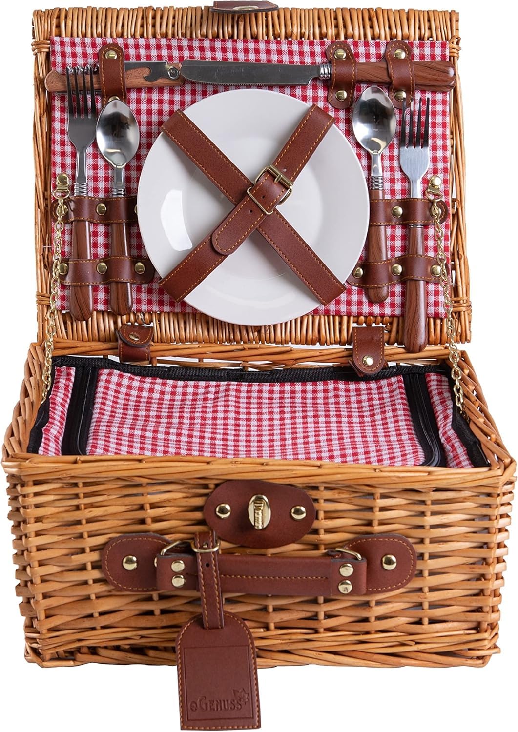 Set 1 Handgefertigtes Picknickkorb für 2 Personen mit Kühlfach und Zubehör + 1 wasserdichte Picknickdecke | Rot