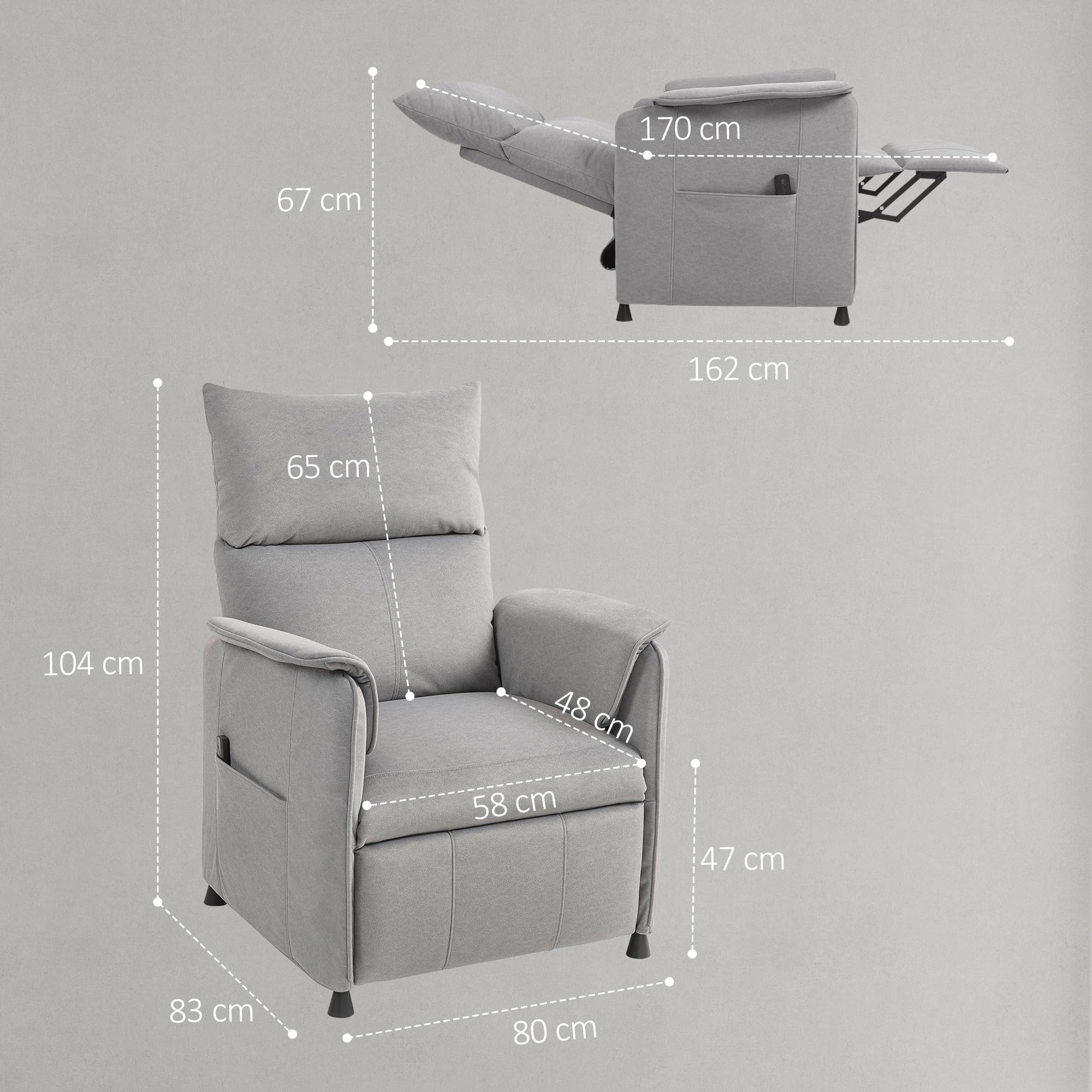 HOMCOM Poltrona Relax Elettrica Reclinabile Silenziosa, Poltrona Reclinabile Elettrica 160° per Anziani in Tessuto con Funzione Memory, Telecomando, Poggiapiedi per Soggiorno, Camera e Ufficio, Grigio