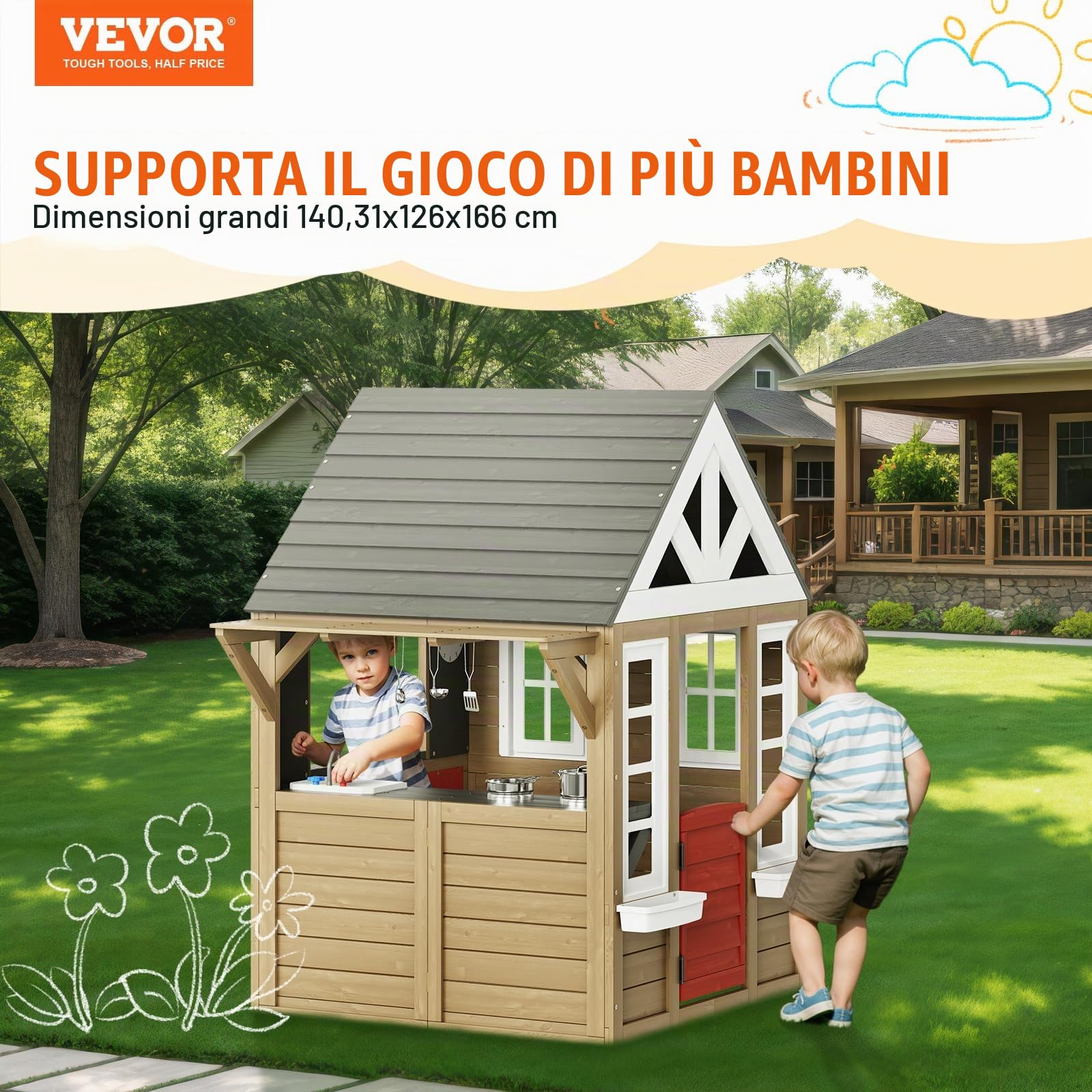 VEVOR Casetta da Gioco per Bambini da Esterno in Legno, Casetta da Giardino per Bambini, Casetta Gioco da Cortile con Porta, Finestra, Supporto per Vaso di Fiori, Griglia, Fornello e Lavello