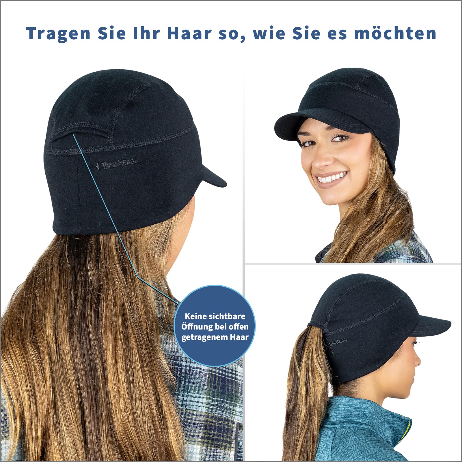 TrailHeads Damen Pferdeschwanz Mütze | Merinowolle Mütze mit Drop Down Ohrwärmer | Visiermütze | Leichte Läufermütze