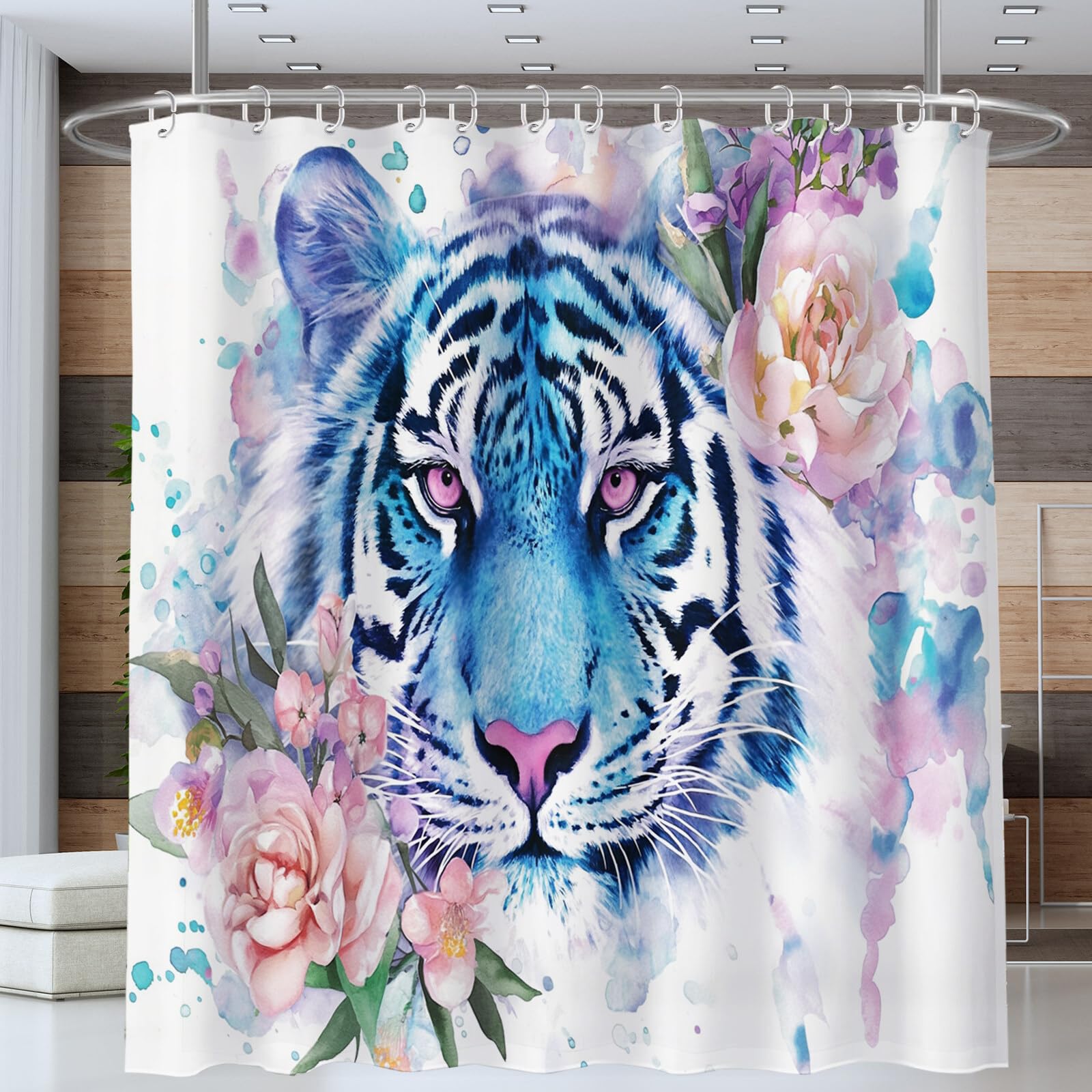 Rideau De Douche Tigre des Fleurs Animaux À L'Aquarelle Tissu Imperméable Lavable avec Crochets Anti Moisissure en Polyester Rideau Douche pour Salle De Bain