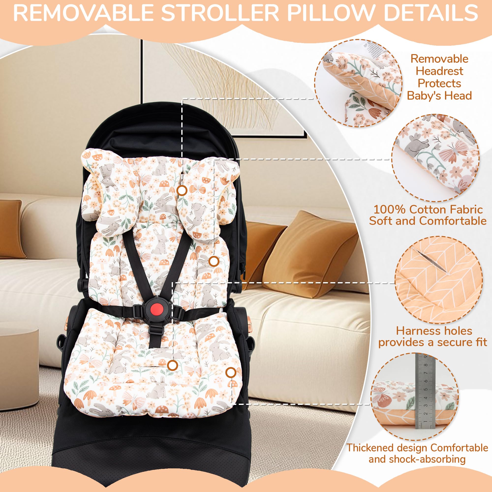 Baby Pushchair Seat Liners,1 Pack Removable Stroller Cushion Seat Liner,Universal 100% Cotton Pram Insert Pad,Pushchair Seat Covers Thick for Pram Buggy Baby Carriage,Toddler Infant(Rabbit+Orange) - Image 4