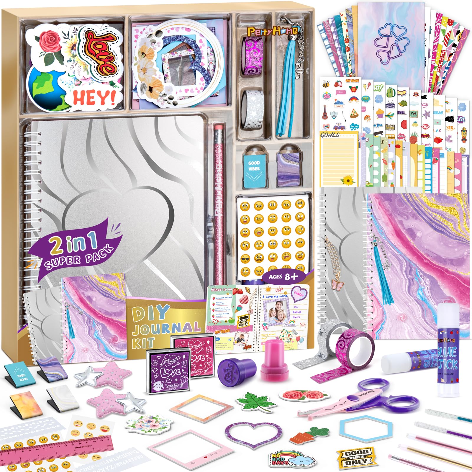 PERRYHOME 2-Pack DIY Journal Kit for Girls - 200+Pcs Journal Set for Teen & Tween Girls, Journaling Art & Crafts Kits,Scrapbook&Diary Supplies Set, Christmas Gifts for 8 9 10 11 12 13 14 Year Old Girl